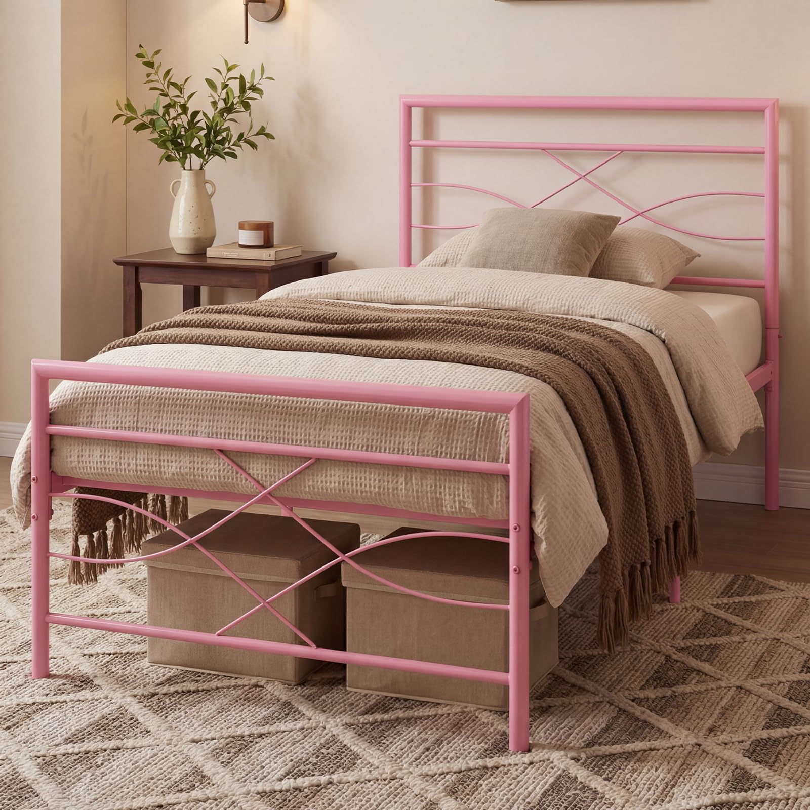 Panana Single 3FT Metal Bed Frame with Headboard and Footboard, 28cm Large Underbed Storage Space (Pink, 3FT)