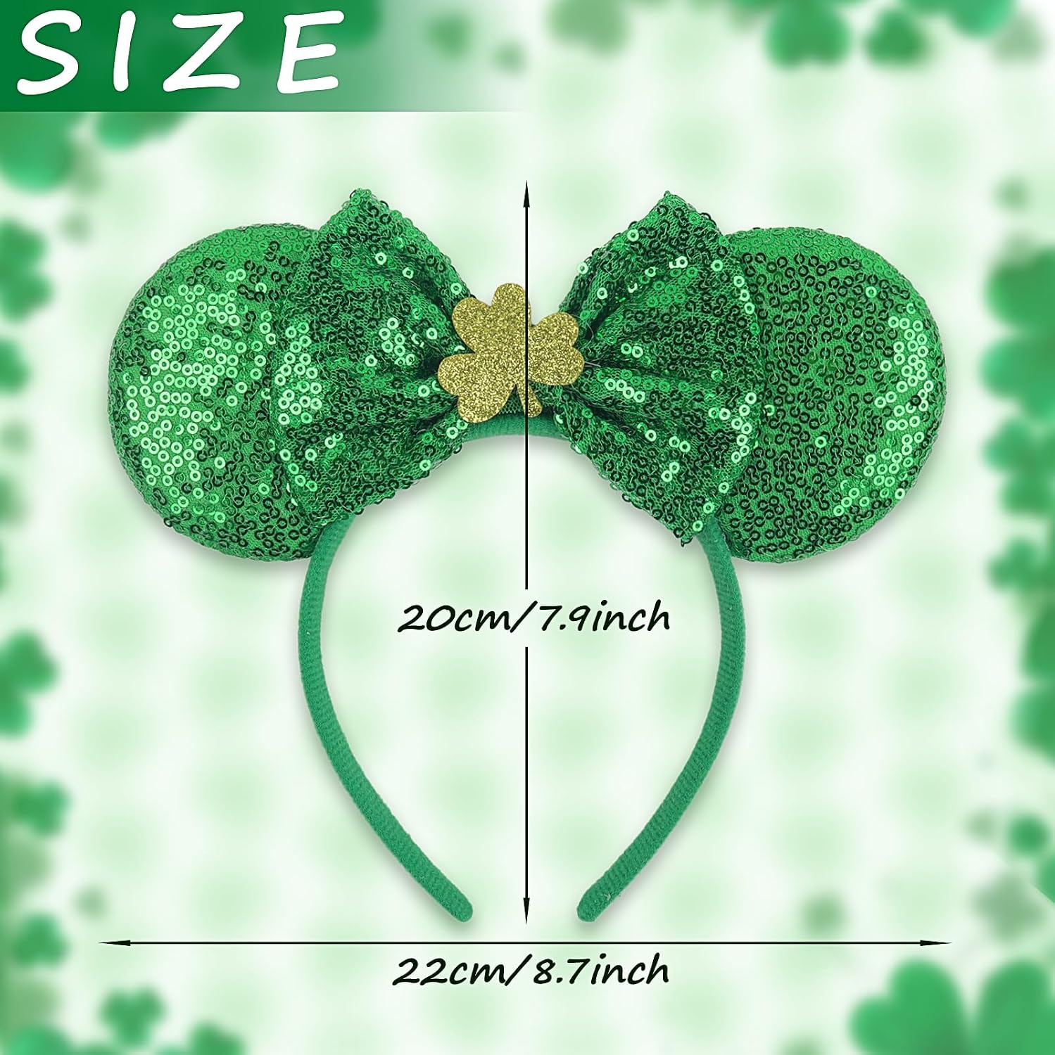 Doneace St. Patrick's Day Mouse Ear Headband with Glitter Bow Cute Green Shamrock Sequin Hairbands Irish Festive Hair Accessories for Women Girls Saint Patrick's Day Costume Parade Party Favors image 2