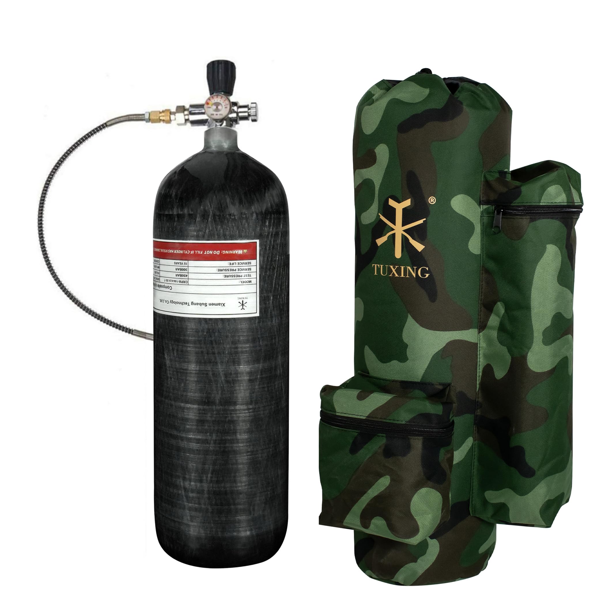 TUXING 4500psi 6.8L/414ci Carbon Fiber Paintball HPA Air Tank with PCP Compressed Air System with Valve Regulator Gauge for PCP Air Rifles