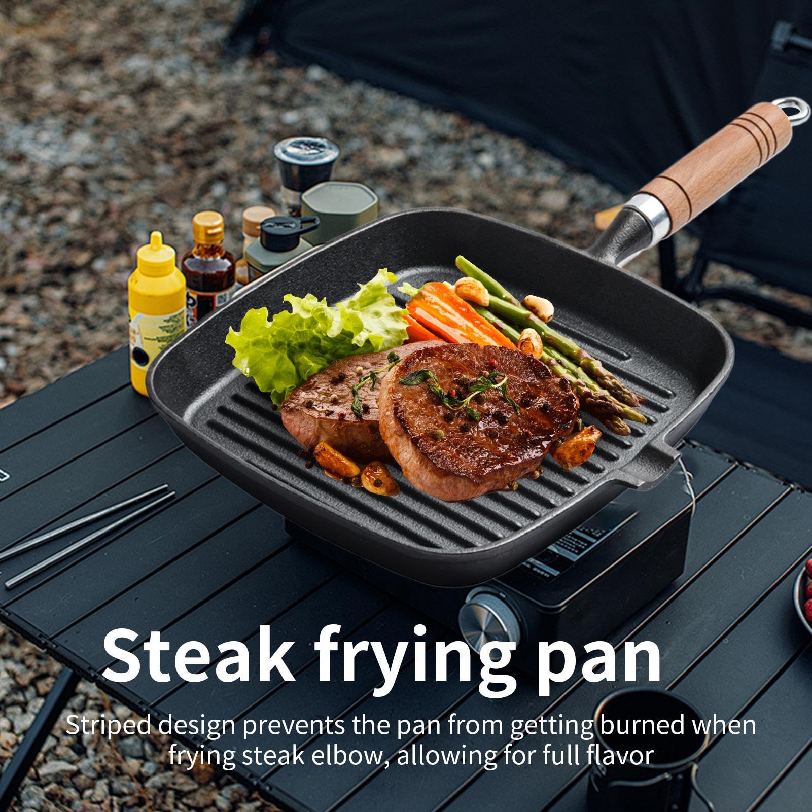 Padella Grill Padella Griglia Antiaderente con Manico in Legno | Utensile da Cucina Ergonomico Termoresistente Portatile per Casa Ristorante
