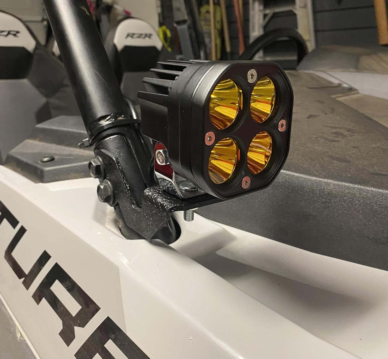iJDMTOY Yellow Lens, Selective Yellow LED Ditch Light Kit Compatible with 2014-up Polaris RZR XP 1000, 15-up RZR 900, (2) 20W High Power LED Round Pods, Windshield A-Pillar Brackets & Wiring Relay