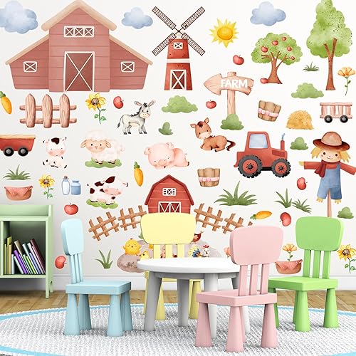 Miniatura 6 de Whaline 8 hojas de calcomanías de pared de animales de granja, lindos dibujos animados, calcomanías de pared de animales de granja, acuarela, oveja,