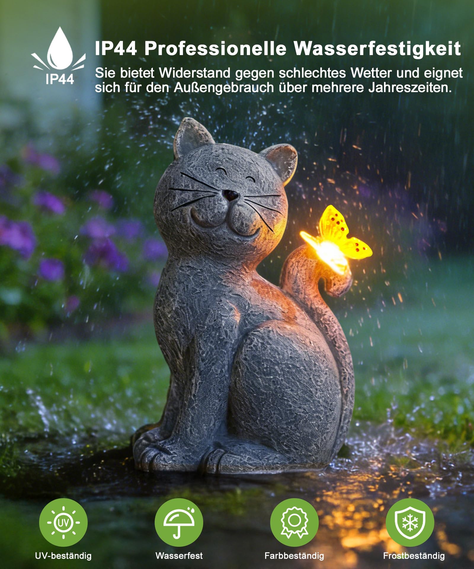 Yeomoo Katzen Figuren mit Solar Schmetterling Deko Wohnzimmer Gartendeko für draußen: Lustig katze Geschenk für Frauen Mama Geburtstagsgeschenk Gartenfiguren Wasserdicht Zimmer Garten Balkon Deko Grau