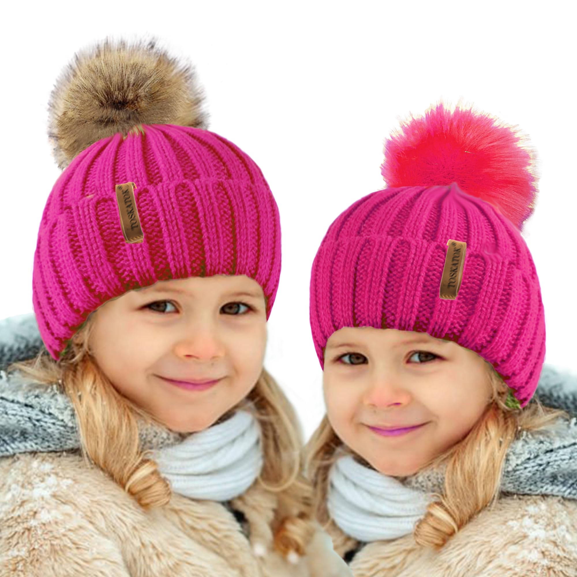 TOSKATOKKids Girls Winter Beanie Bobble Hat with Detachable Changeable Faux Fur Pom Pom