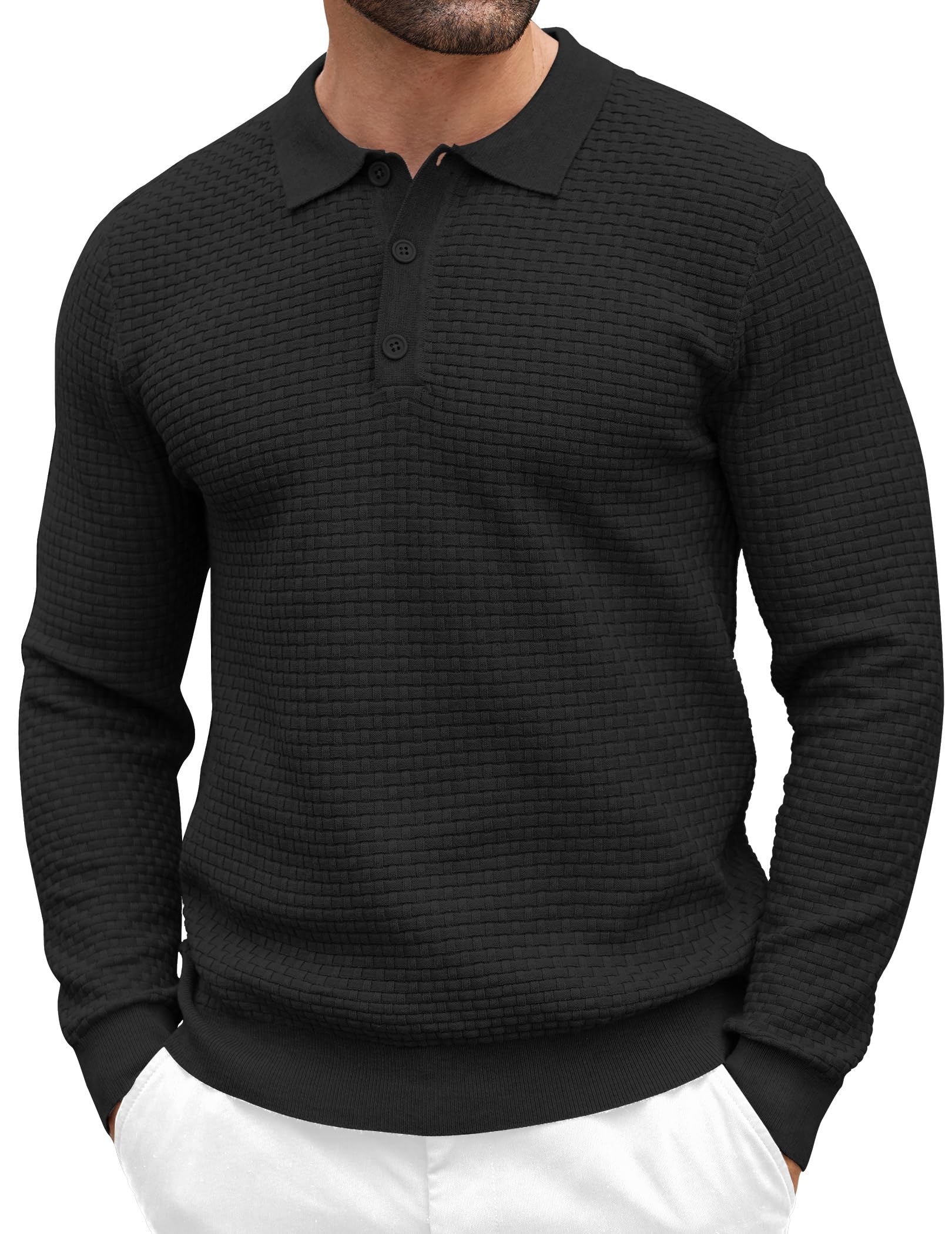 COOFANDY Men's Knit Polo Shirts Casual Collared Long Sleeve Sweater Polos