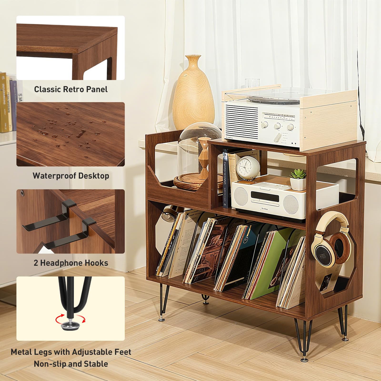 Großer Plattenständer mit Aufbewahrung,Plattenspieler-Ständer mit Ablage,Vinylplatten-Halterung mit Präsentationsfläche,Plattenständer für bis zu 370 Alben, Plattenregal für Musikzimmer und Wohnzimmer