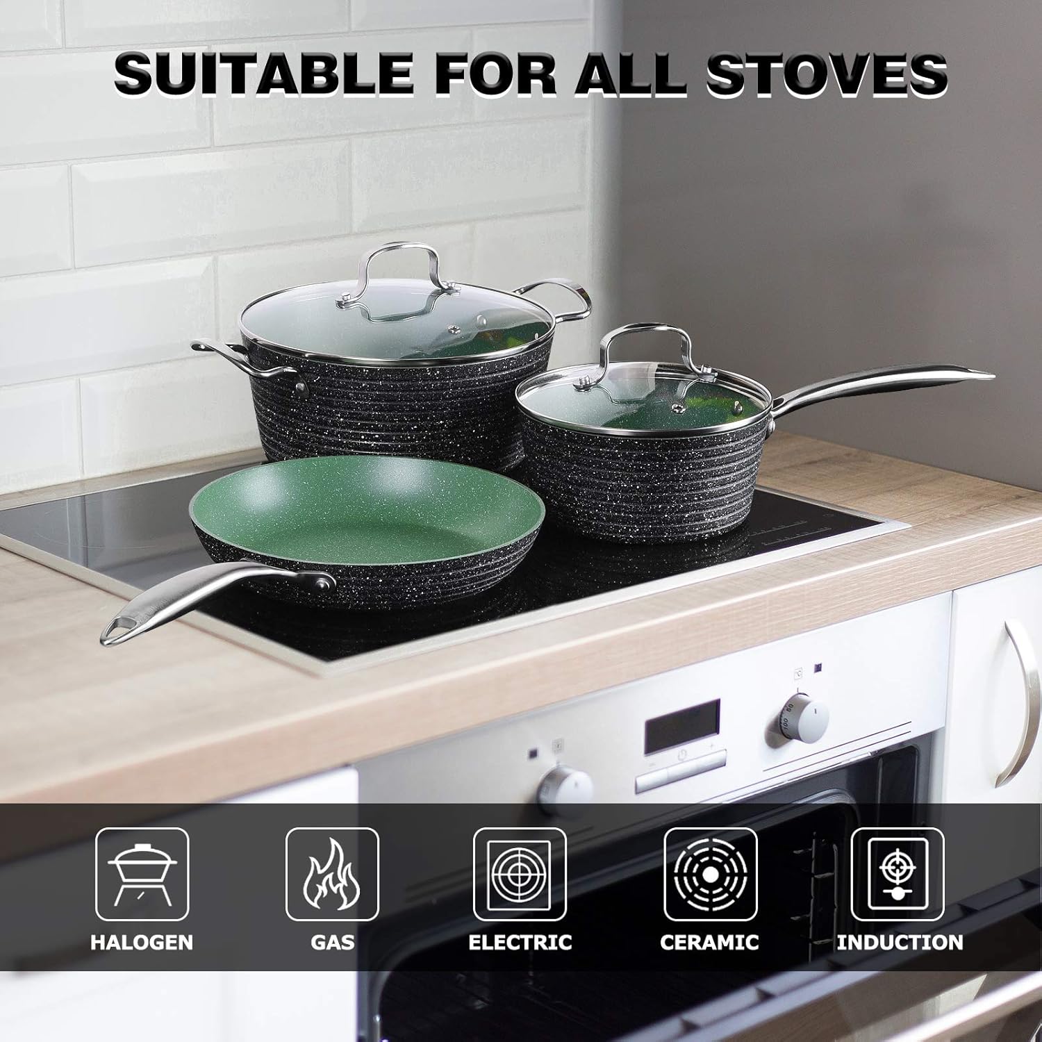 Blасk Frіdау - 70% оƒƒ Mergren Pans Set Non Toxic kitchen Pots Stylish NonStick Cookware Sets, Nonstick Pots And Pans Set With Tempered Glass Lid, Induction Pots and Pans Set with Stainless Steel Handle, Avocado Green