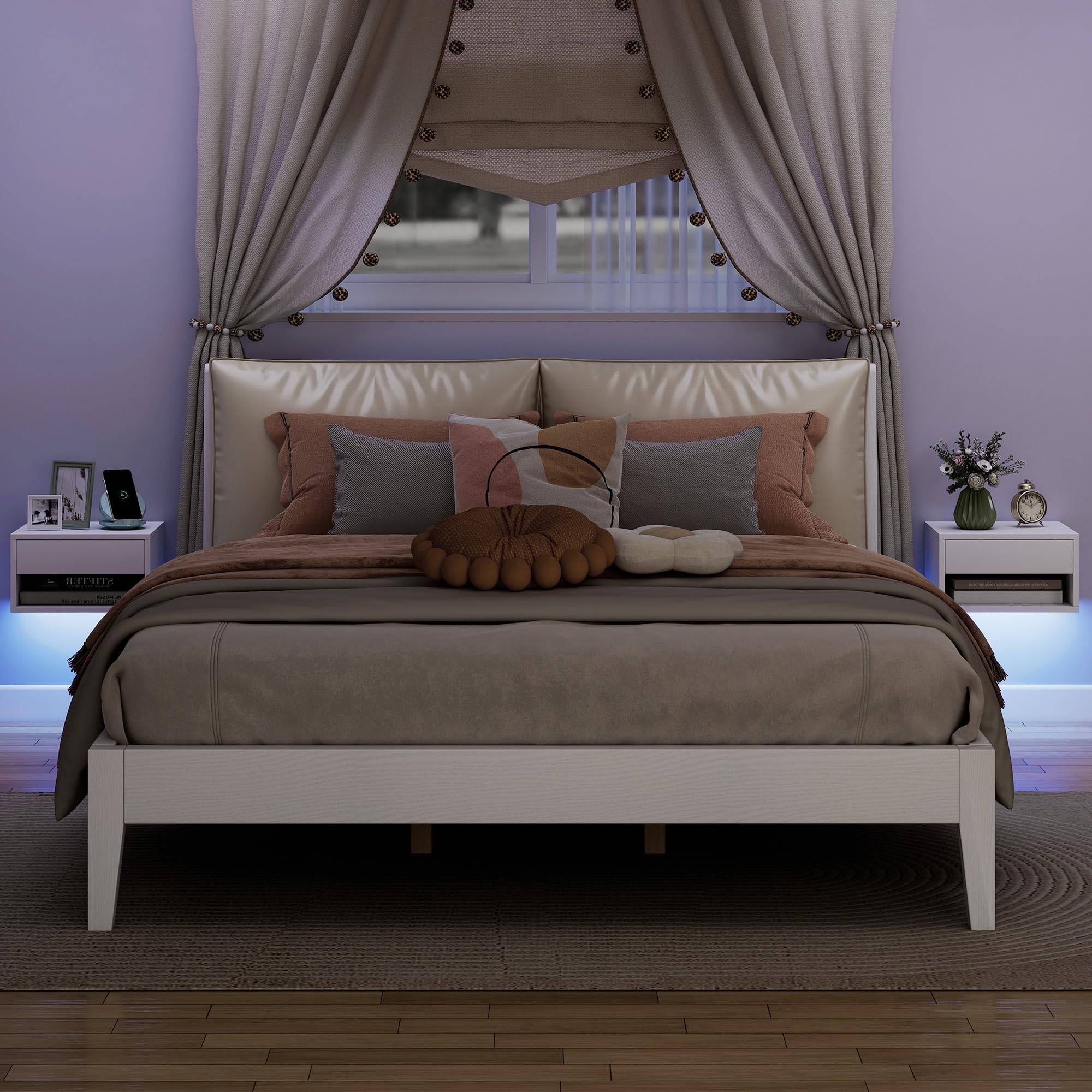 HOMCOM Set di 2 Comodini Camera da Letto Sospesi, Bianco | Coppia di Comodini Moderni, Luci LED RGB Integrate, Regolabili Tramite APP, Cassetto, Ripiano, 37x32x21 cm