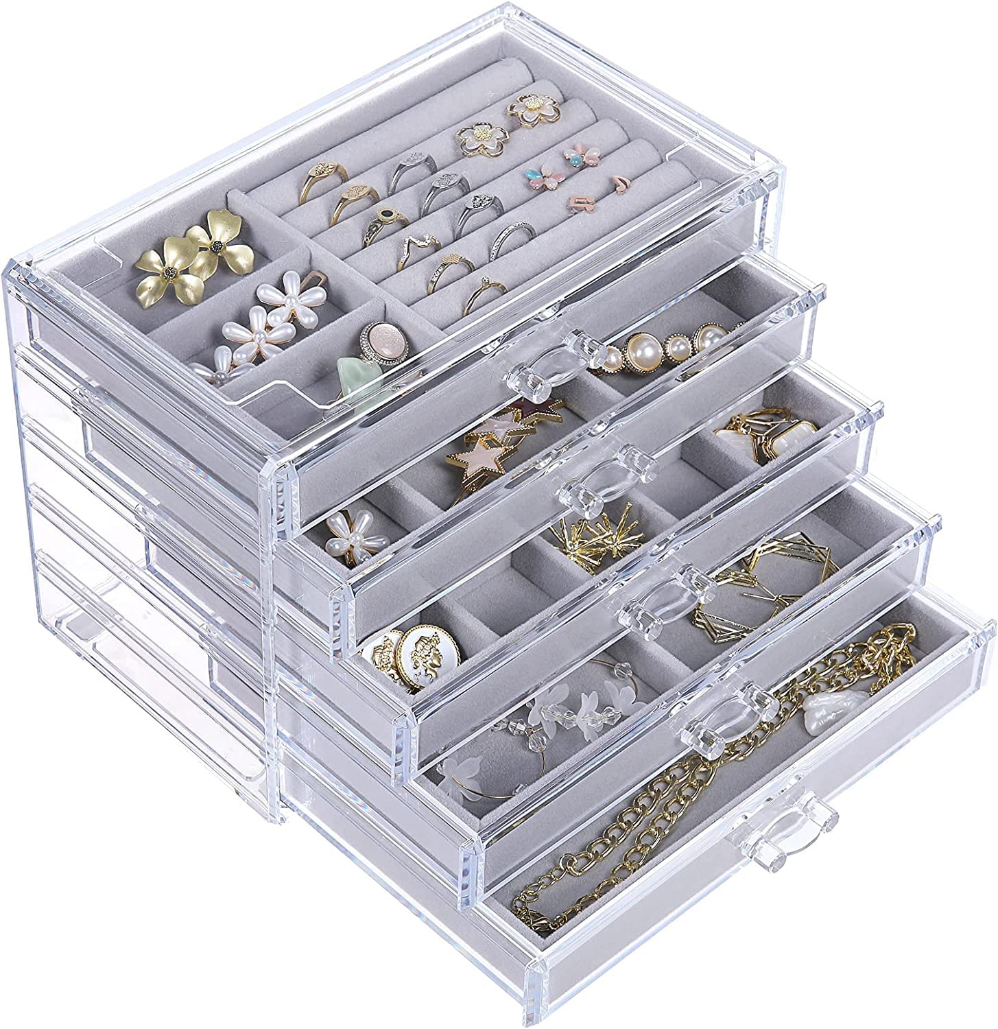 Snazzy 5 Drawers Acrylic Jewelry Organizer, Birthday and Back To School Season Gift, Women Large Clear Jewelry Box, Velvet Jewelry Display Holder for Earrings, Rings, Necklaces, Grey