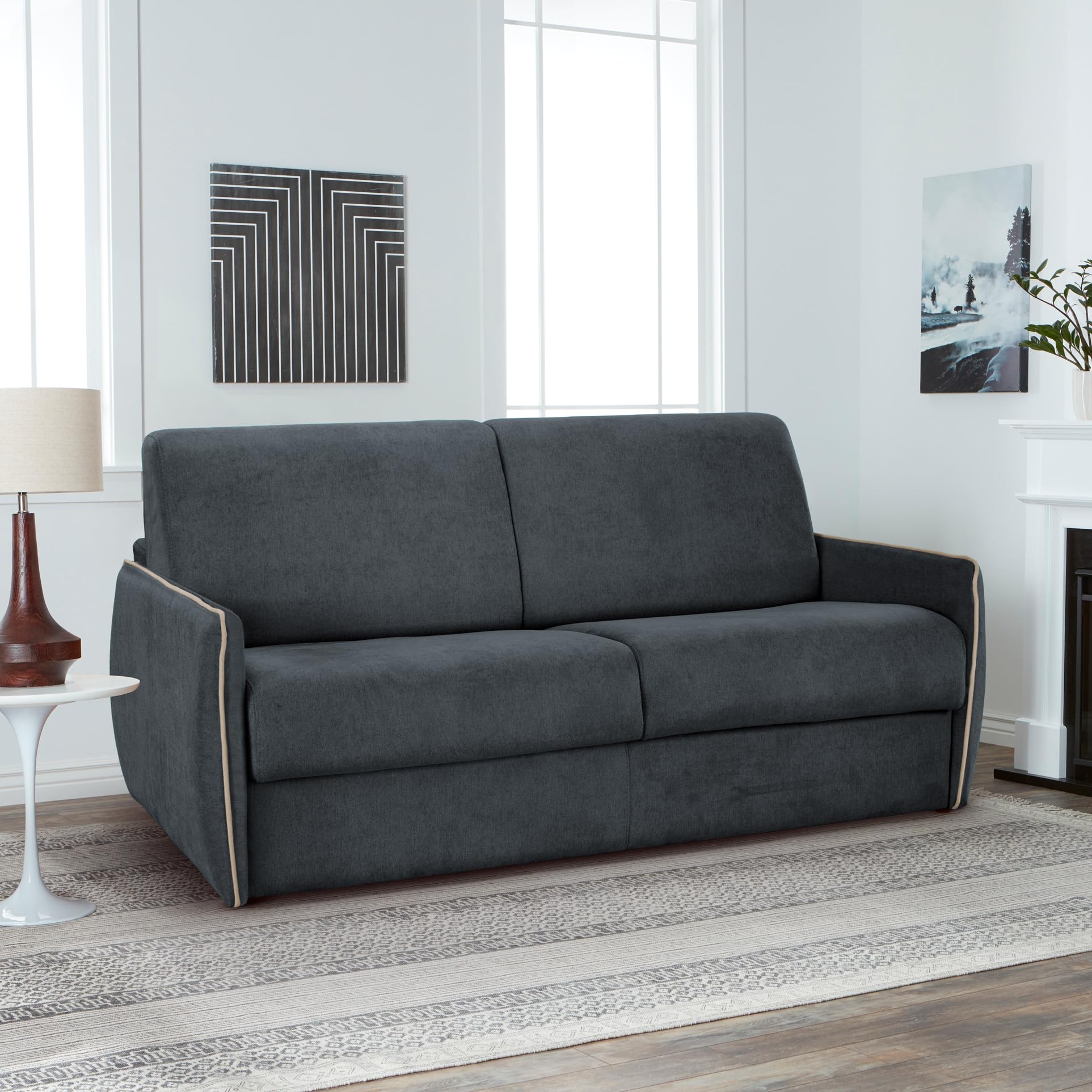 Divano Letto 3 Posti a Ribalta BALI Struttura in Metallo e Legno Imbottitura in Gomma di Poliuretano Rivestimento in Tessuto Rete Elettrosaldata ad Apertura Rapida Colore: Dark grey
