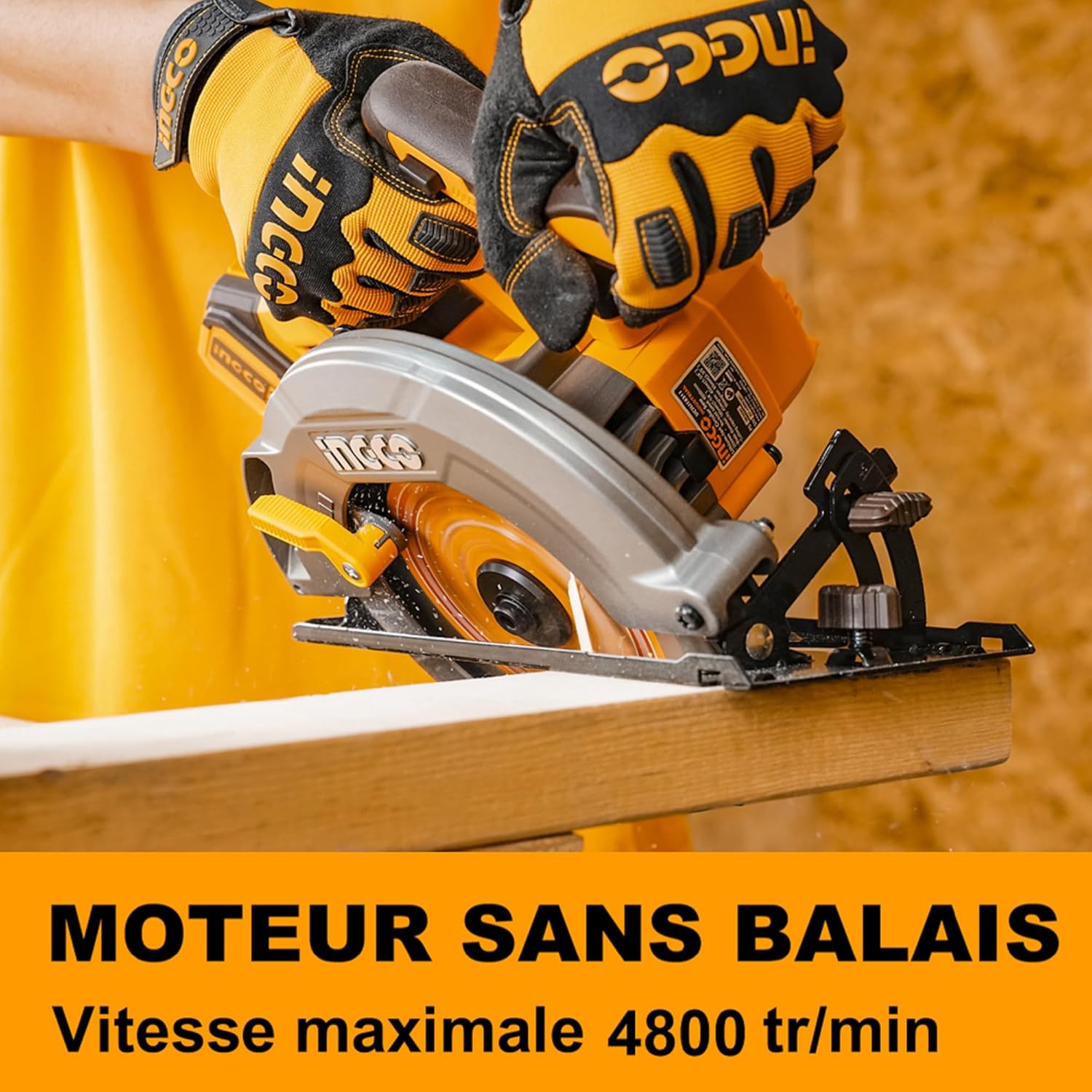 Close-up image of the circular saw blade cutting through wood