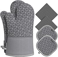 OvenMitts 6pc Oven Mitts & Pot Holders Set: 550°F Heat Resistant, Extra Long Non-Slip Silicone Grey Kitchen Gloves