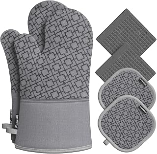SHAWNTOO 6-Pc Oven Mitts & Pot Holders Set - 550°F Heat Resistant, Extra Long Non-Slip Silicone Grey Kitchen Gloves
