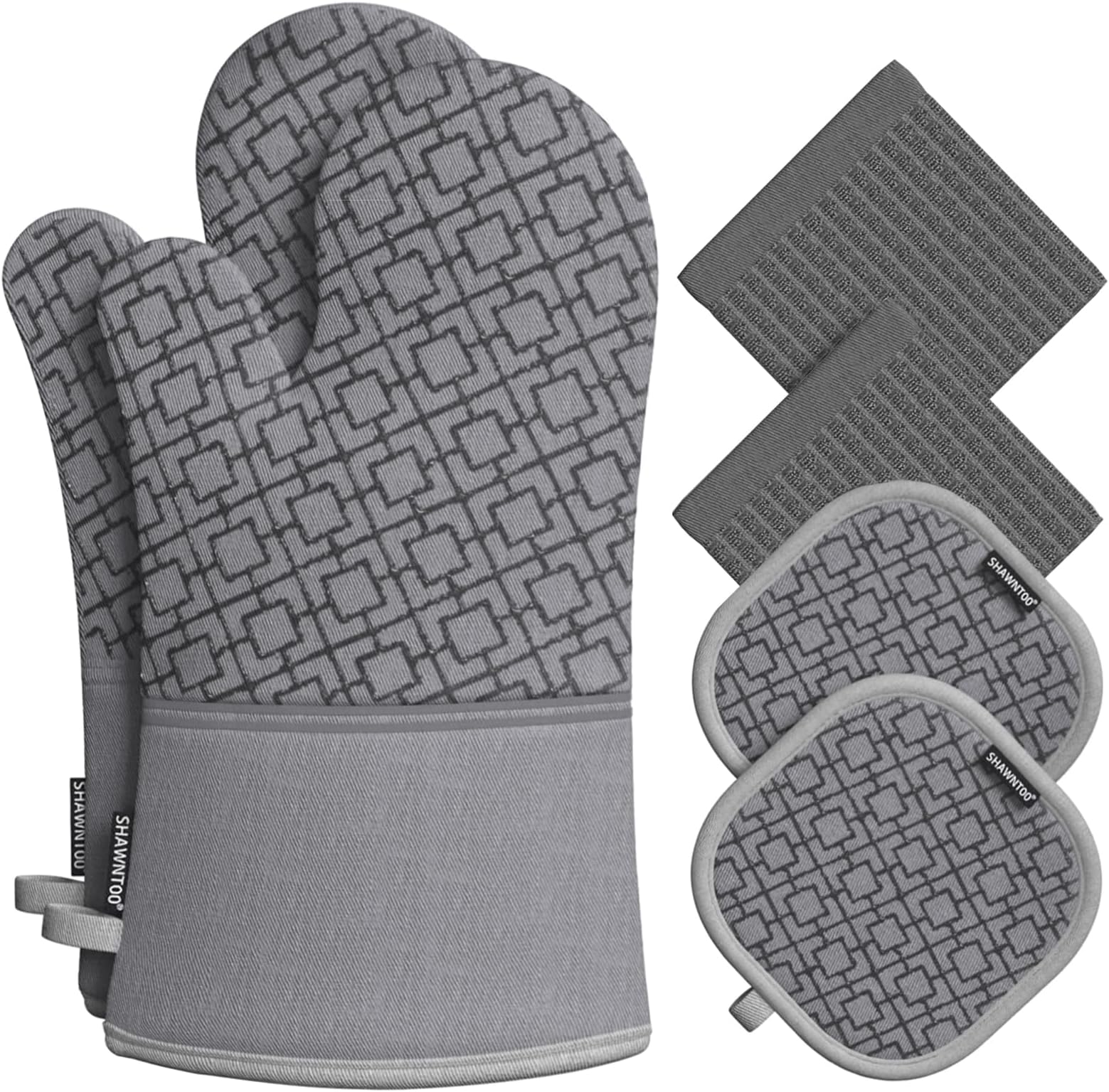 Oven Mitts and Pot Holders Sets 6pcs, Kitchen Oven Glove,High Heat Resistant 550 Degree Extra Long Oven Mitts and Potholders with Non-Slip Silicone Surface for Home Essentials (Grey) (Gray)