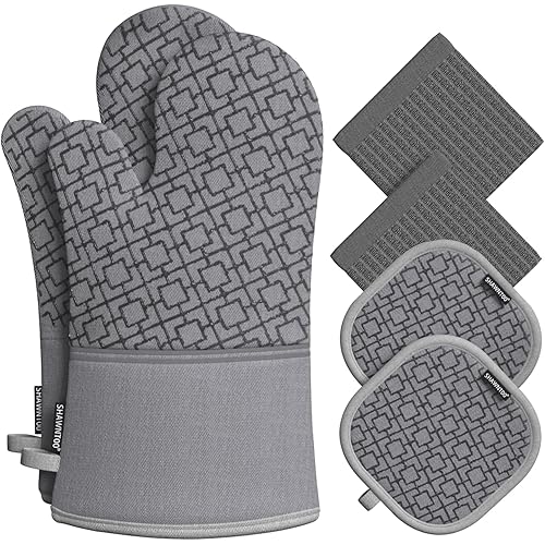 Oven Mitts and Pot Holders Sets 6pcs, Kitchen Oven Glove,High Heat Resistant 550 Degree Extra Long Oven Mitts and Potholders with Non-Slip Silicone Surface for Home Essentials (Grey) (Gray)