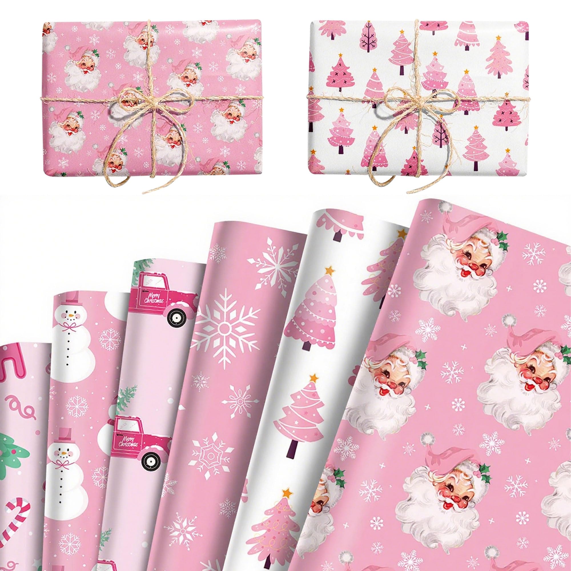 12 Sheet Pink Christmas Wrapping Paper Santa Snowman Snowflake Pink Gift Wrap Paper Craft DIY for Xmas Christmas Winter Birthday DIY Crafts Gift Wrapping