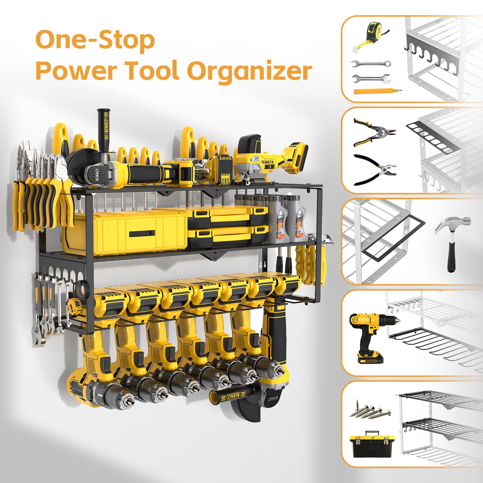 Organiseur mural pour outils électriques sans fil, installation rapide de 15 minutes en métal, organiseur de rangement pour outils de garage, 3 couches, 7 perceuses, support mural pour organisation de