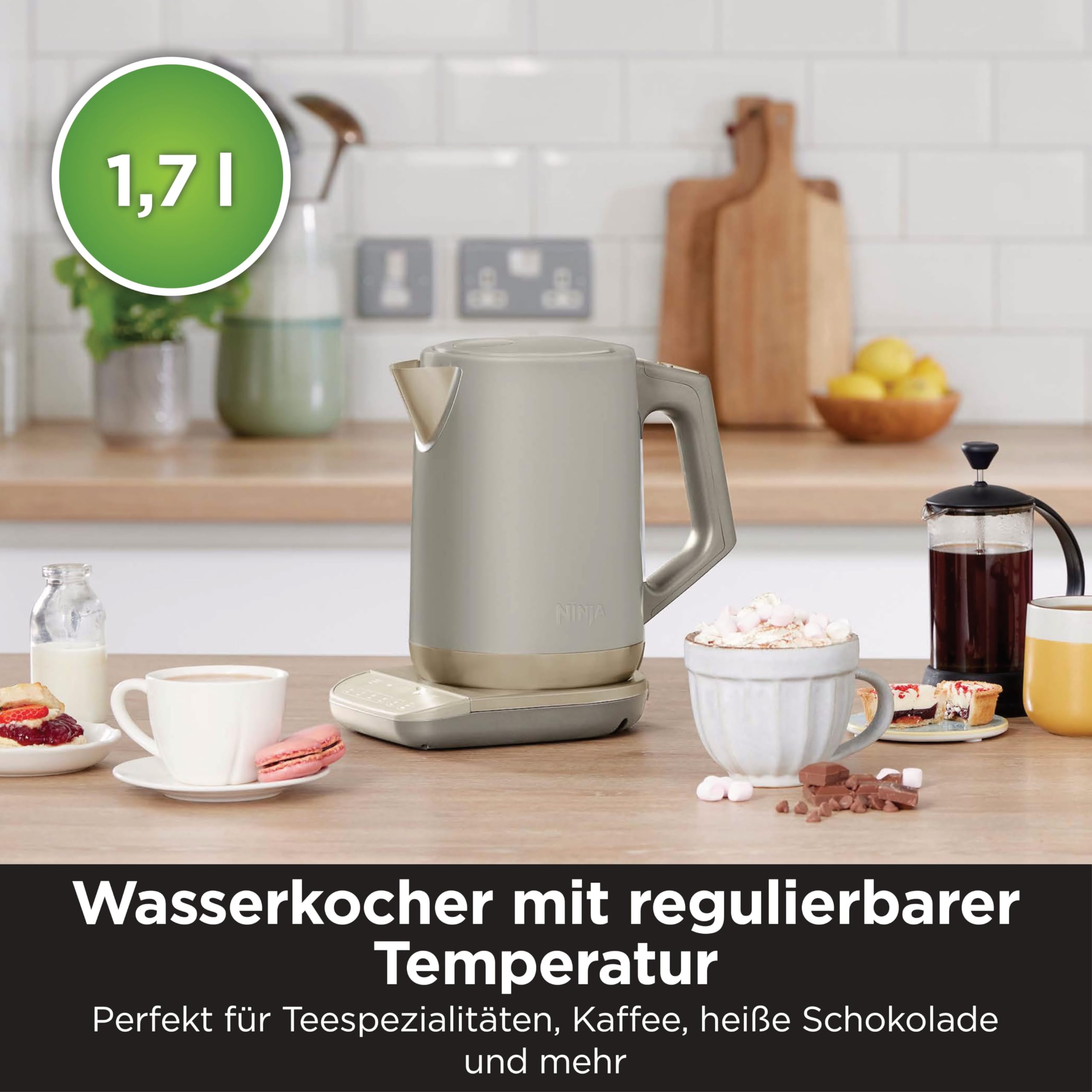 Ninja Perfect Temperature Wasserkocher, 1,7 l, Schnellkochfunktion, 6 Temperaturstufen, Warmhaltefunktion, Stonegold, KT201EUSTGD