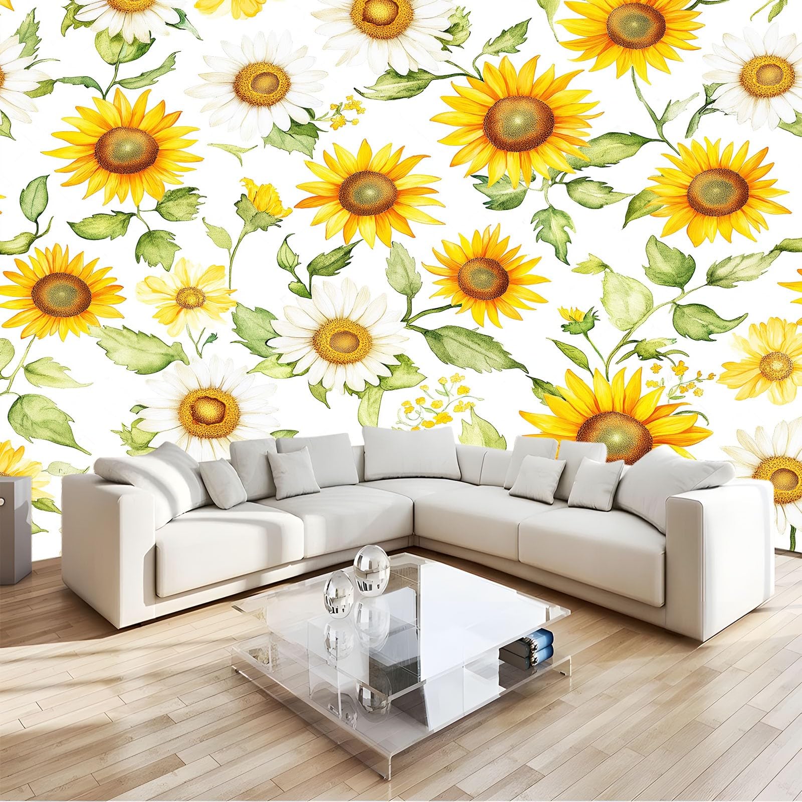 Generico Fototapeta 500 x 280 cm Akwarela Słoneczniki Stokrotki Elegancka Tapeta z włókniny Krajobraz | Fototapeta TTNT Salon, biała