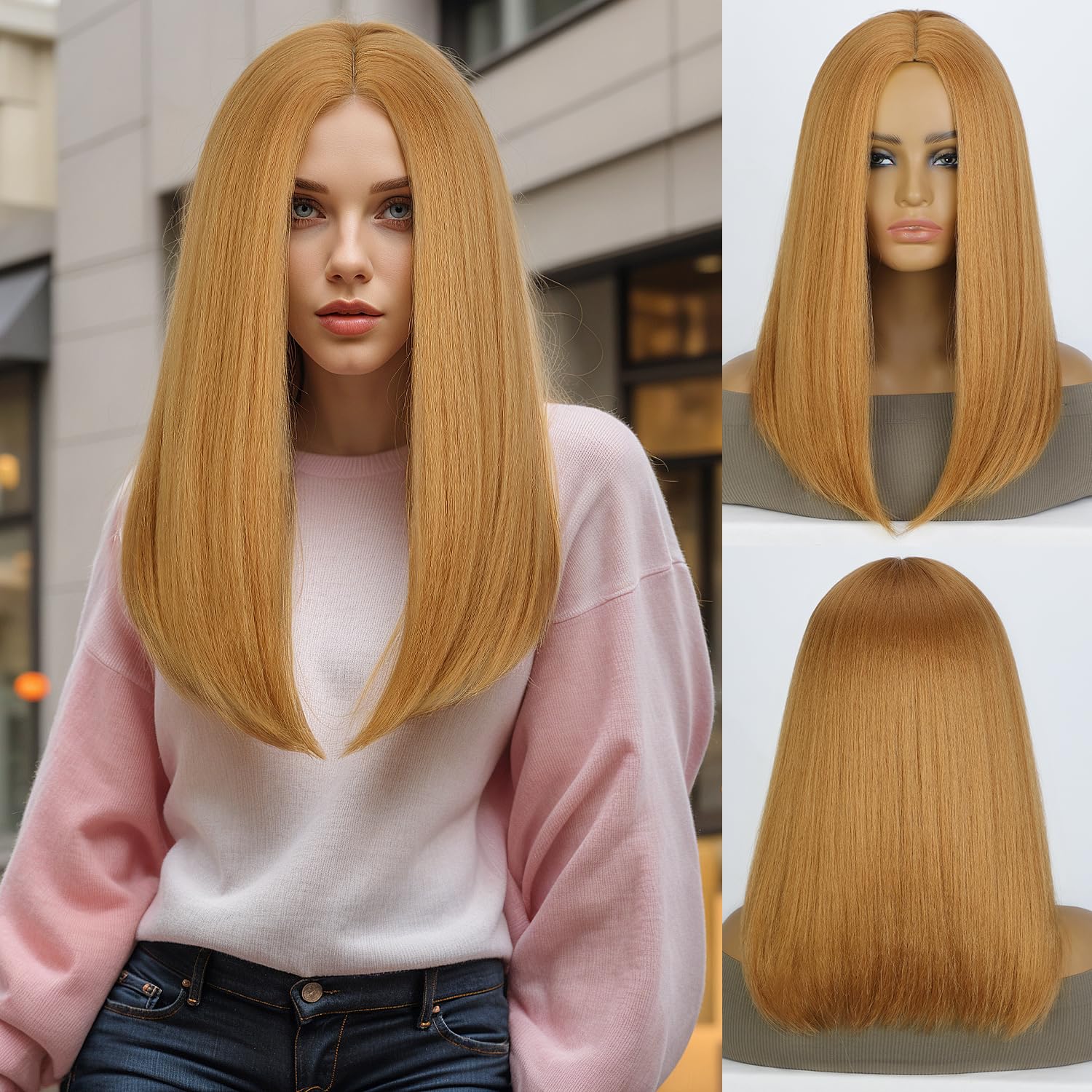 kinky Straight Wig, 18 inch Yaki Straight Wig, Synthetic Wigs for Black Women, Glueless Wigs, Heat Resistant Textured Hair, 27B Light Golden Blonde for Daily Party