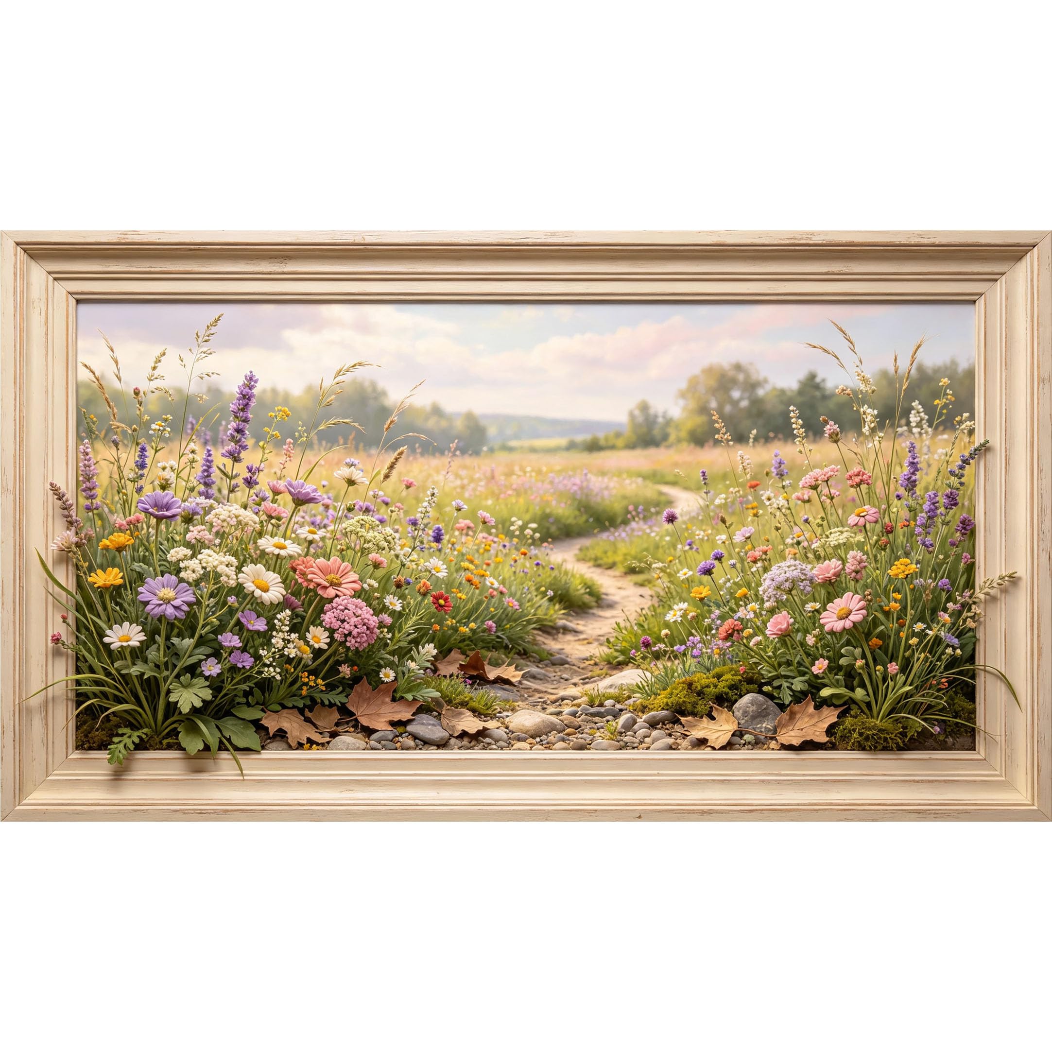 QZLITHOTIC 50x90cm3D Framed Wall Art， Botanical Wildflower Meadow Path Self‑Adhesive Mural， Water‑Activated Peel & Stick Fabric Decor Wall Decal for Bedroom Living Room