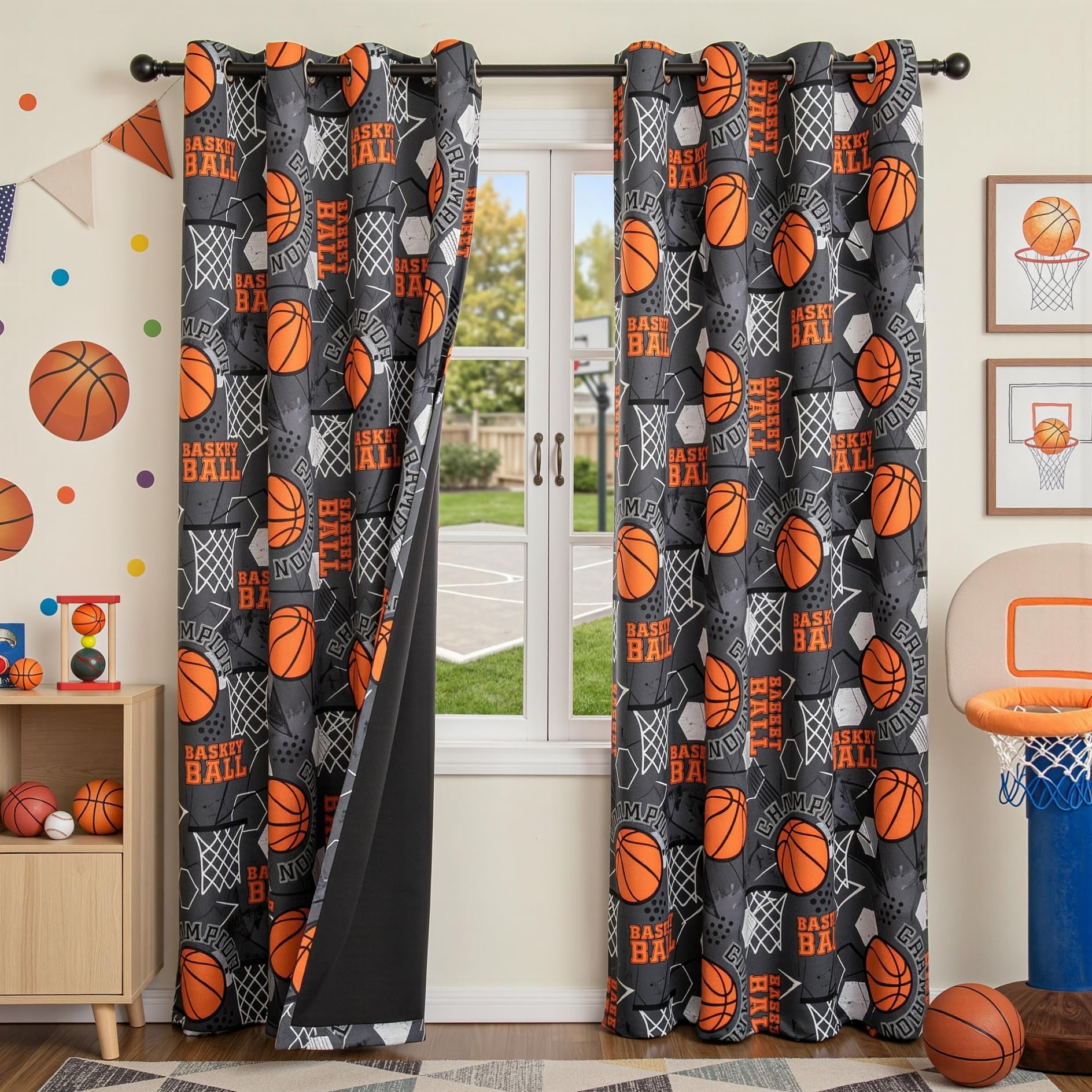 MYSKY HOME 95% Blackout Curtains 84 Inch Long with Basketball Sport Printed