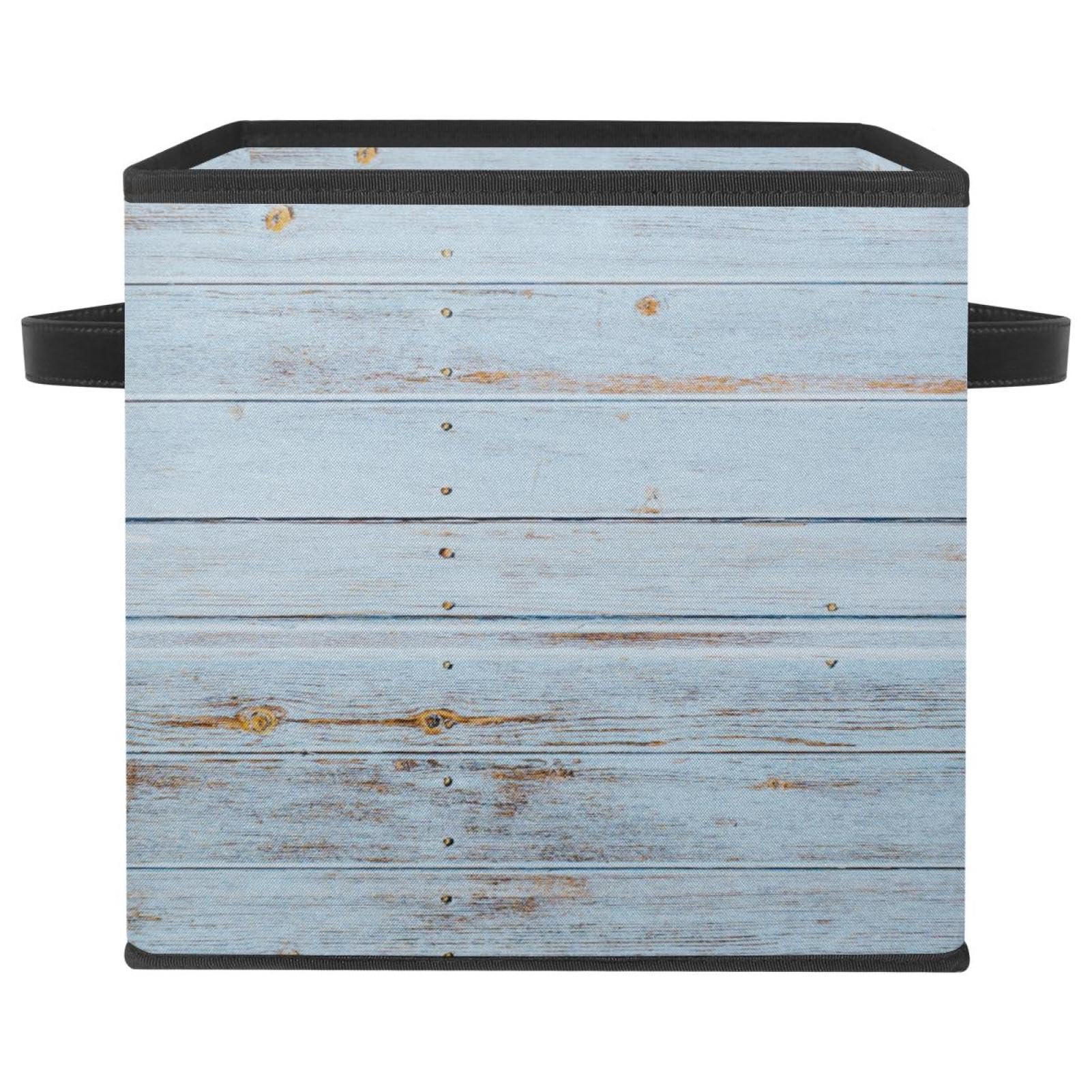 Boîte de rangement pliable motif planche bois bleu antique avec poignées