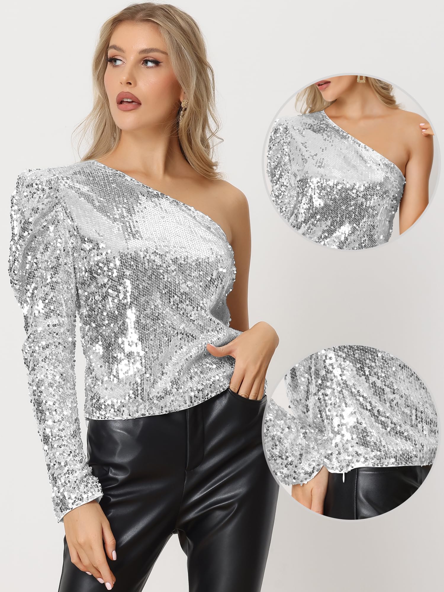 Allegra K Haut Paillette Femme Épaules Dénudées Asymétriques à Manches Longues Tops Sequins Chemise Scintillante