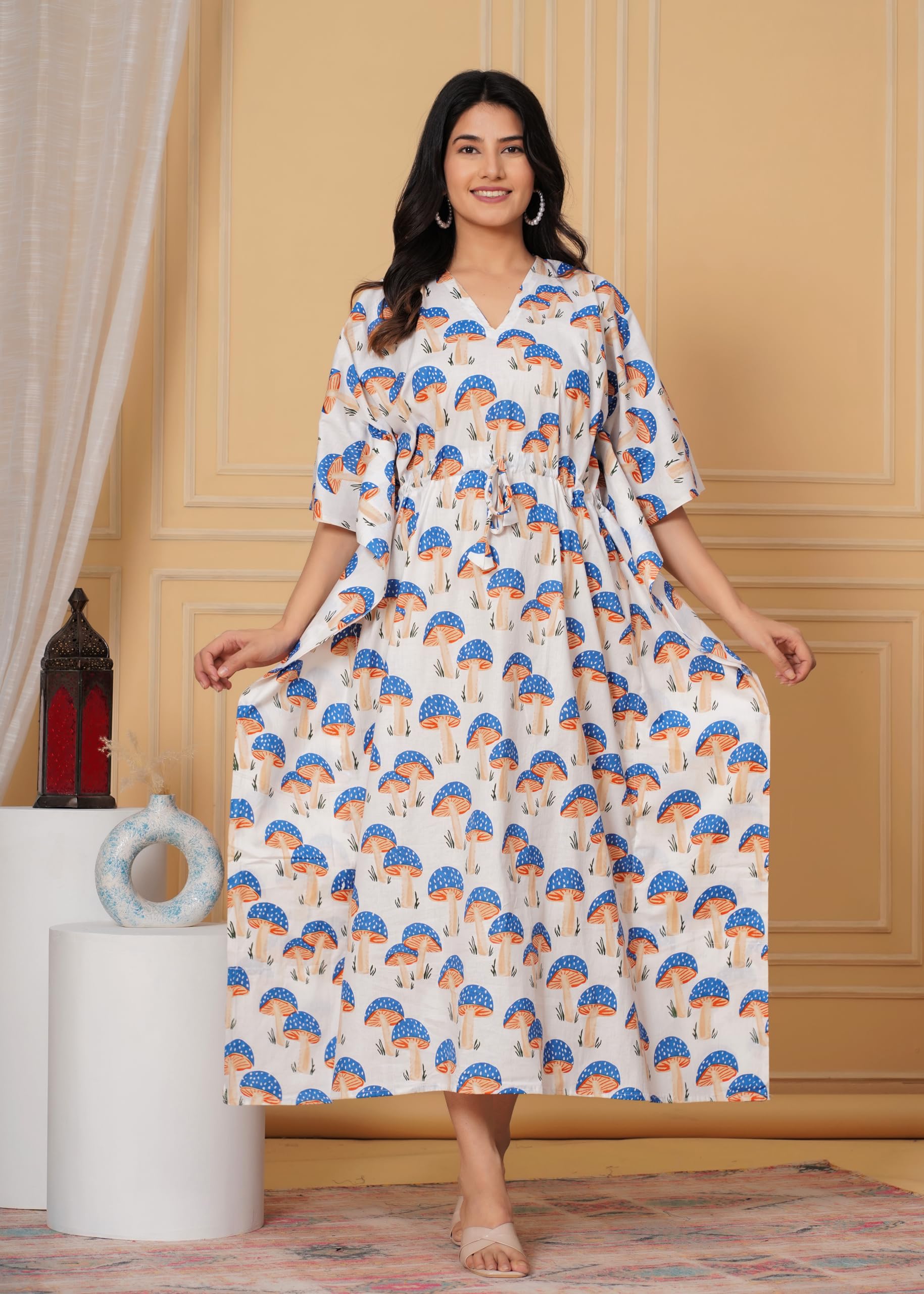 INDACORIFY Caftan imprimé d'été 100% coton robe de nuit robe de plage de vacances couvrir vêtements de détente pour femmes