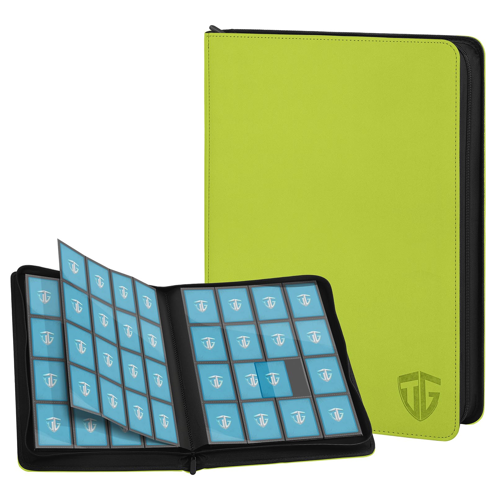 TCGUARD 16 Fächer Sammelkarten Album Reißverschluss Binder für 1000+ Karten | Karten Sammelalbum Groß Ordner | Sichere seitliche Ladetaschen | Kompatibel mit YuGiOh, MTG, Sportkarten, Apfelgrün