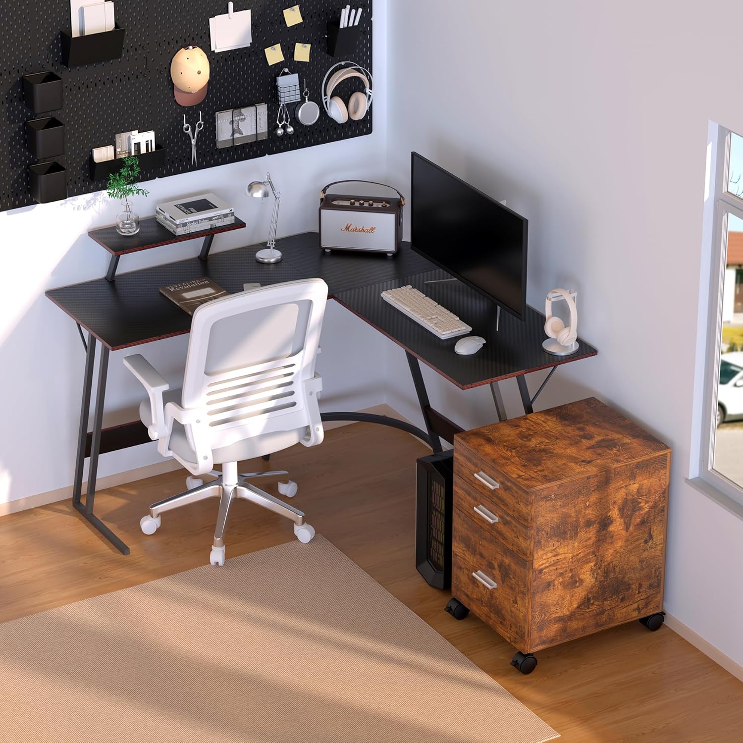 L-Shaped Gaming Desk with Monitor Stand,Carbon Fiber Corner Computer Desk,Z-Shaped Legs Waterproof Office Workstation for Home,Easy to Assemble