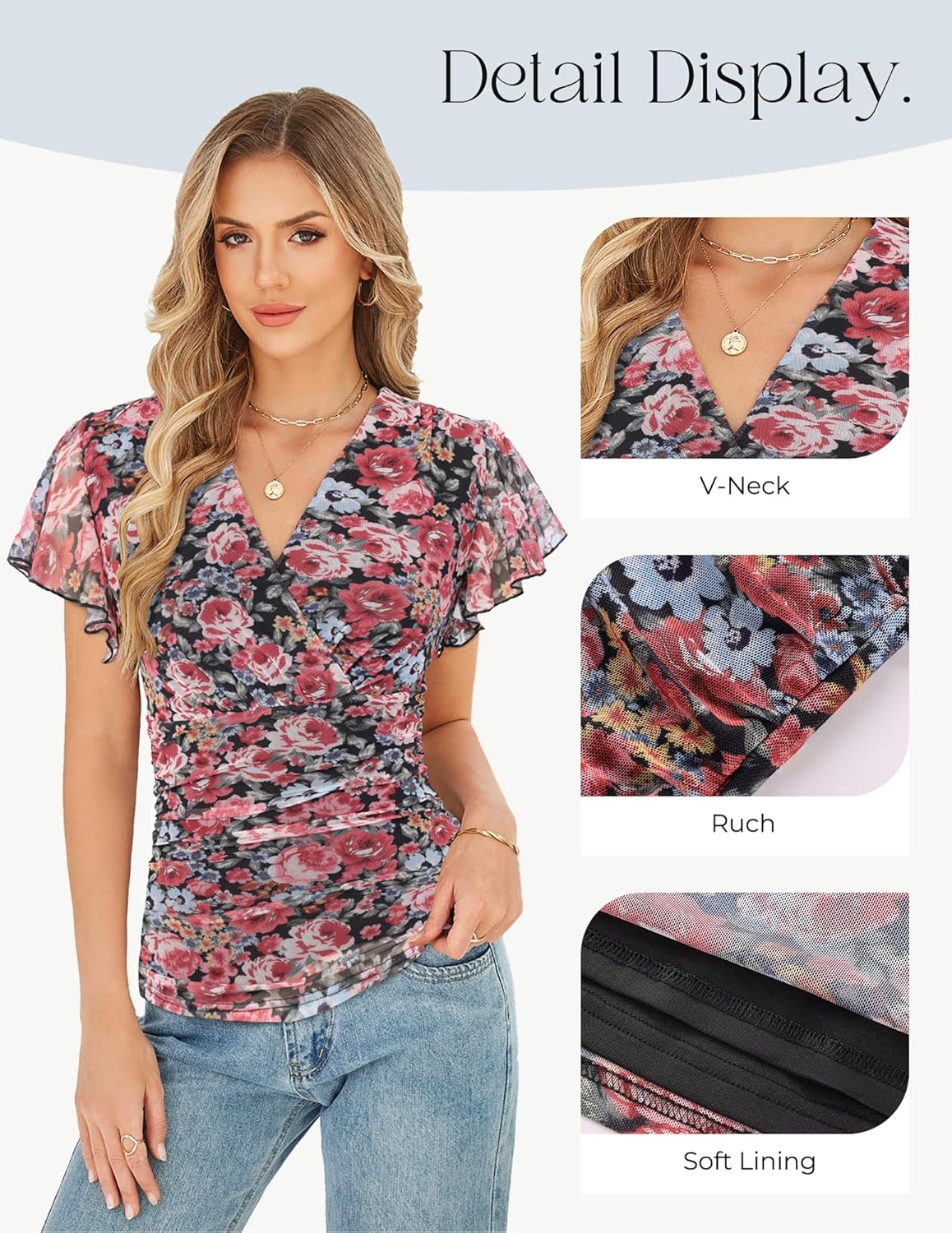GRACE KARIN 2026 Womens Mesh Tops Summer Ruffle Sleeve Dressy Casual Top Floral Wrap Blouse Fashion Outfits - Image 4