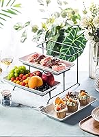 Vista 8 de LYEOBOH Juego de soporte y bandejas escalonadas, soporte grande para bandeja escalonada, bandeja para servir de 3 niveles con estante plegable más