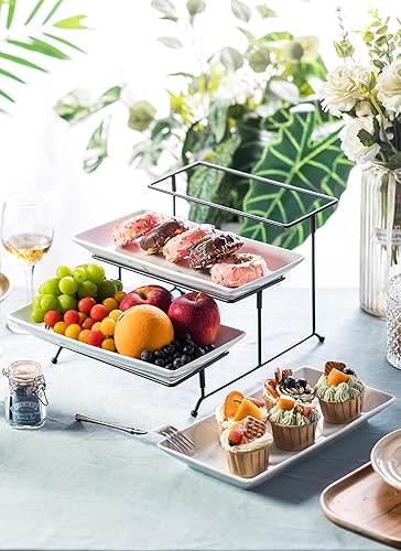 Miniatura 8 de LYEOBOH Juego de soporte y platos escalonados, soporte grande para bandeja escalonada, bandeja para servir de 3 niveles con estante plegable más