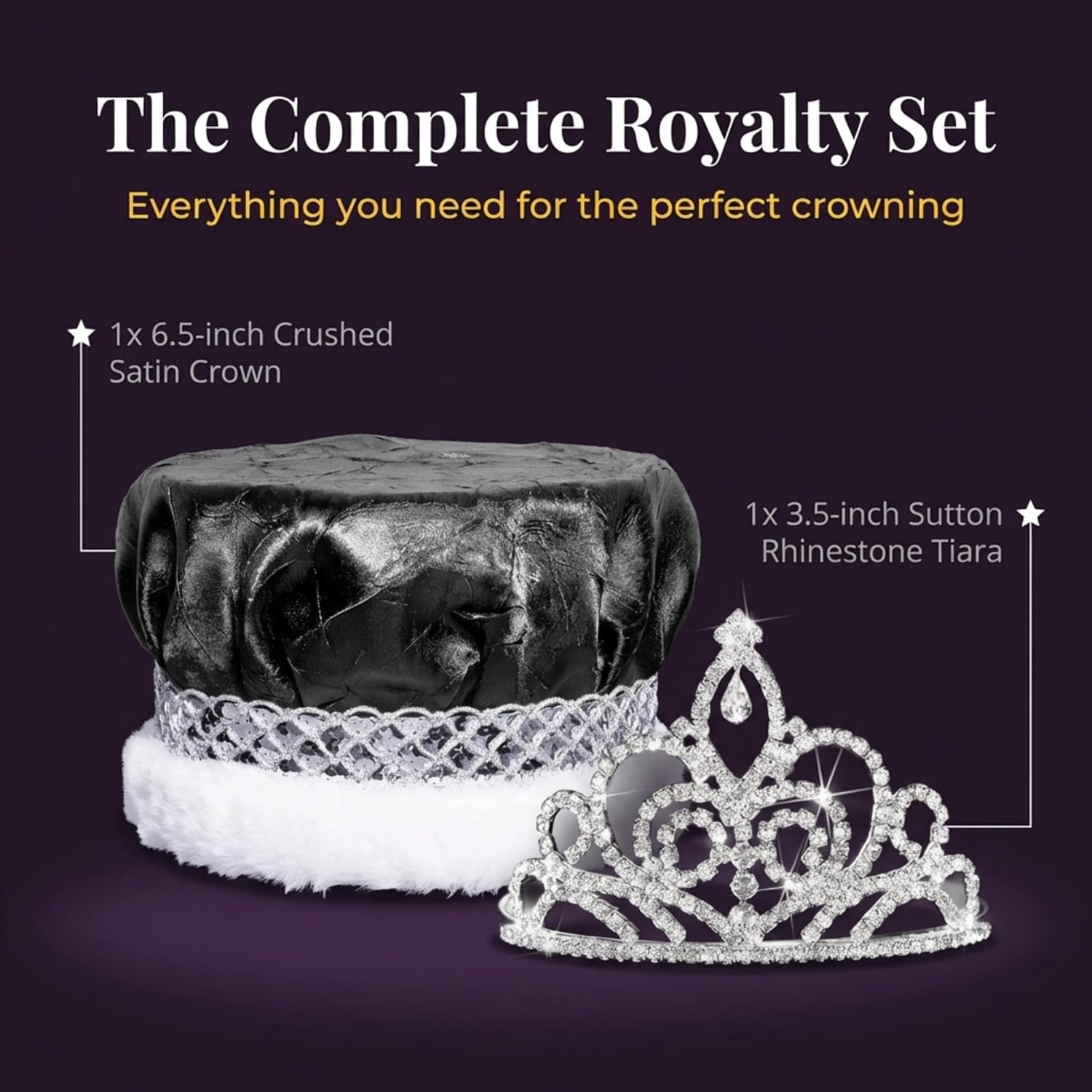 Sutton Tiara and Crushed Satin Crown with Silver Band and White Fur