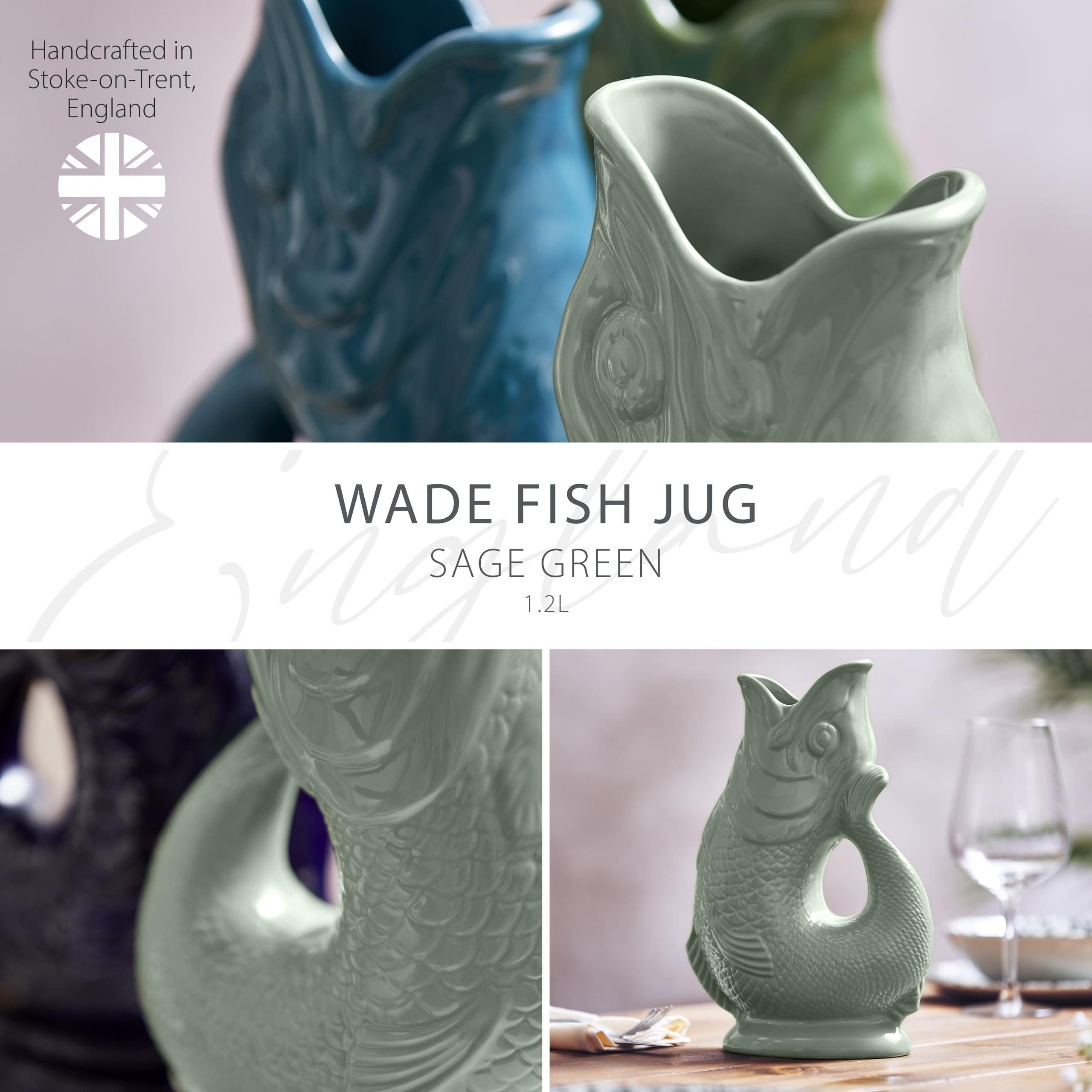 Wade WA967803SGE Pichet à poisson en faïence emblématique du patrimoine britannique fabriqué à Stoke-on-Trent, 1,2 l, vert sauge
