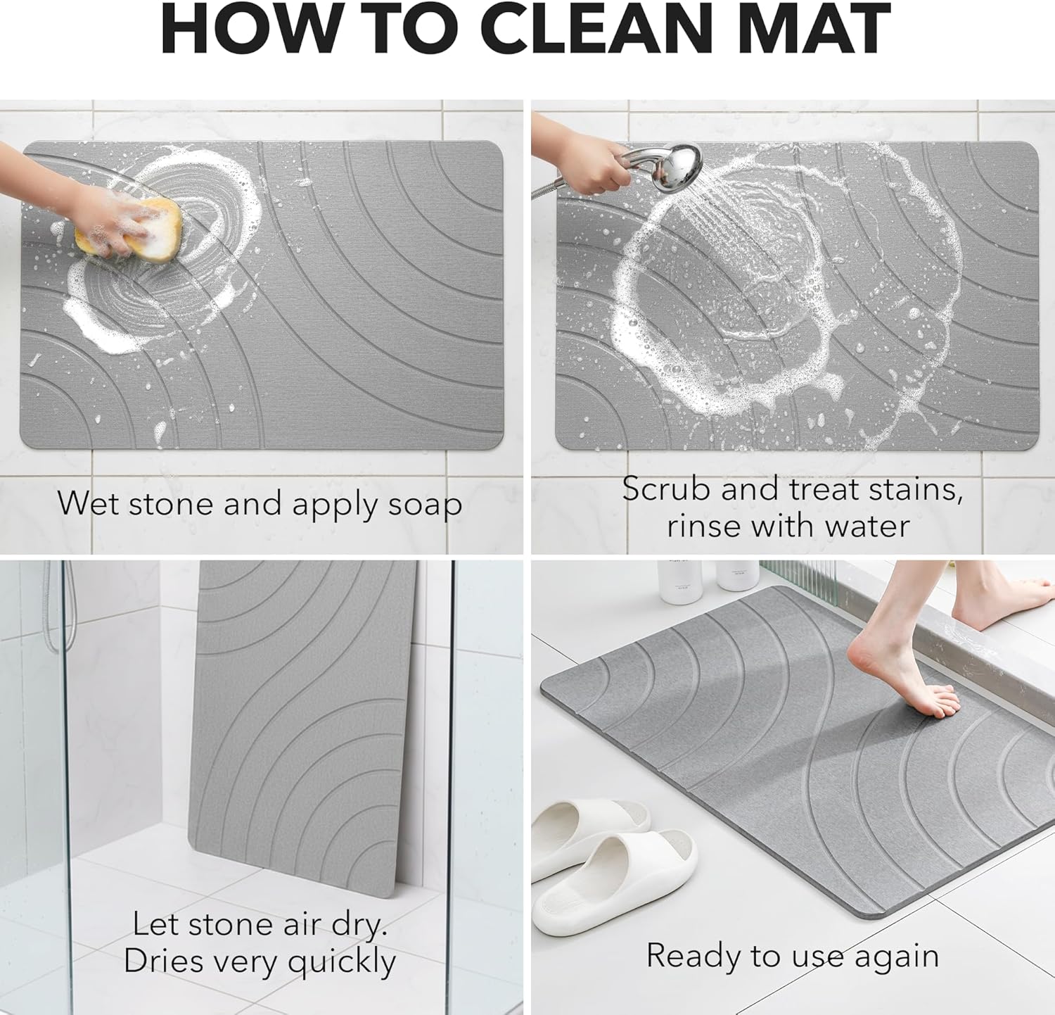 KAMALAN 32x20 Large Stone Bath Mat, Diatomaceous Earth Non-Slip Stone Shower Mat, Quick Drying,Absorbent Diatomite Bathroom Mat, Elegant and Modern Design, Grey (CloudGrey)