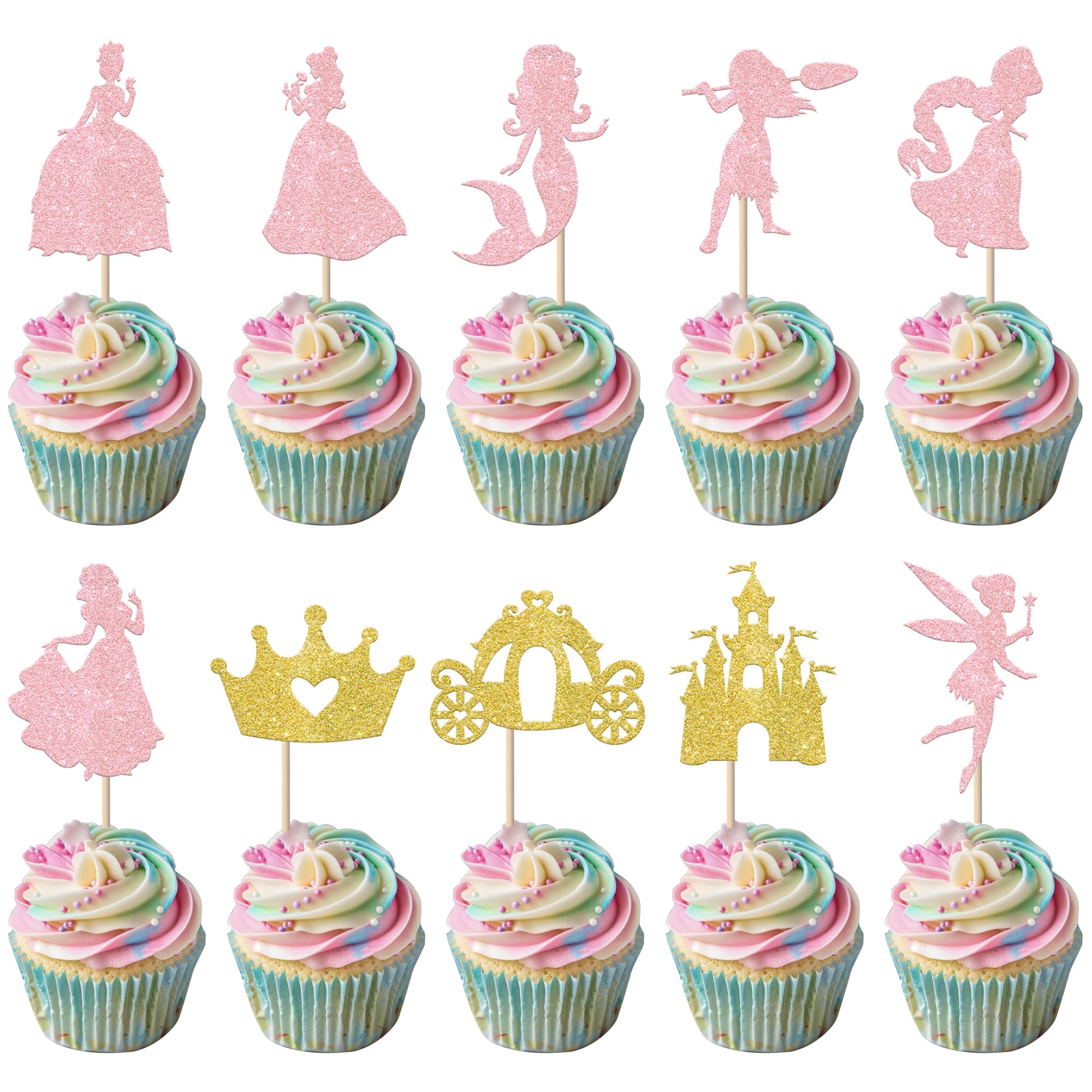 Rsstarxi 40 Pack Princess Cupcake Toppers - Pink Glitter Fairy Mermaid Castle Crown Picks For Birthday & Baby Shower