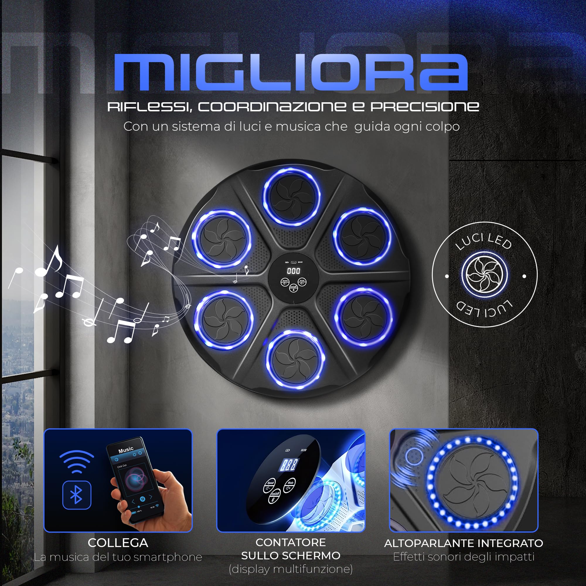 EZERO Beat Punch, la Music Boxing Machine 12 Livelli con Bluetooth & LED – Pannello Interattivo per Allenamento di Boxe a Casa – Migliora Riflessi & Resistenza – Set Completo con Accessori