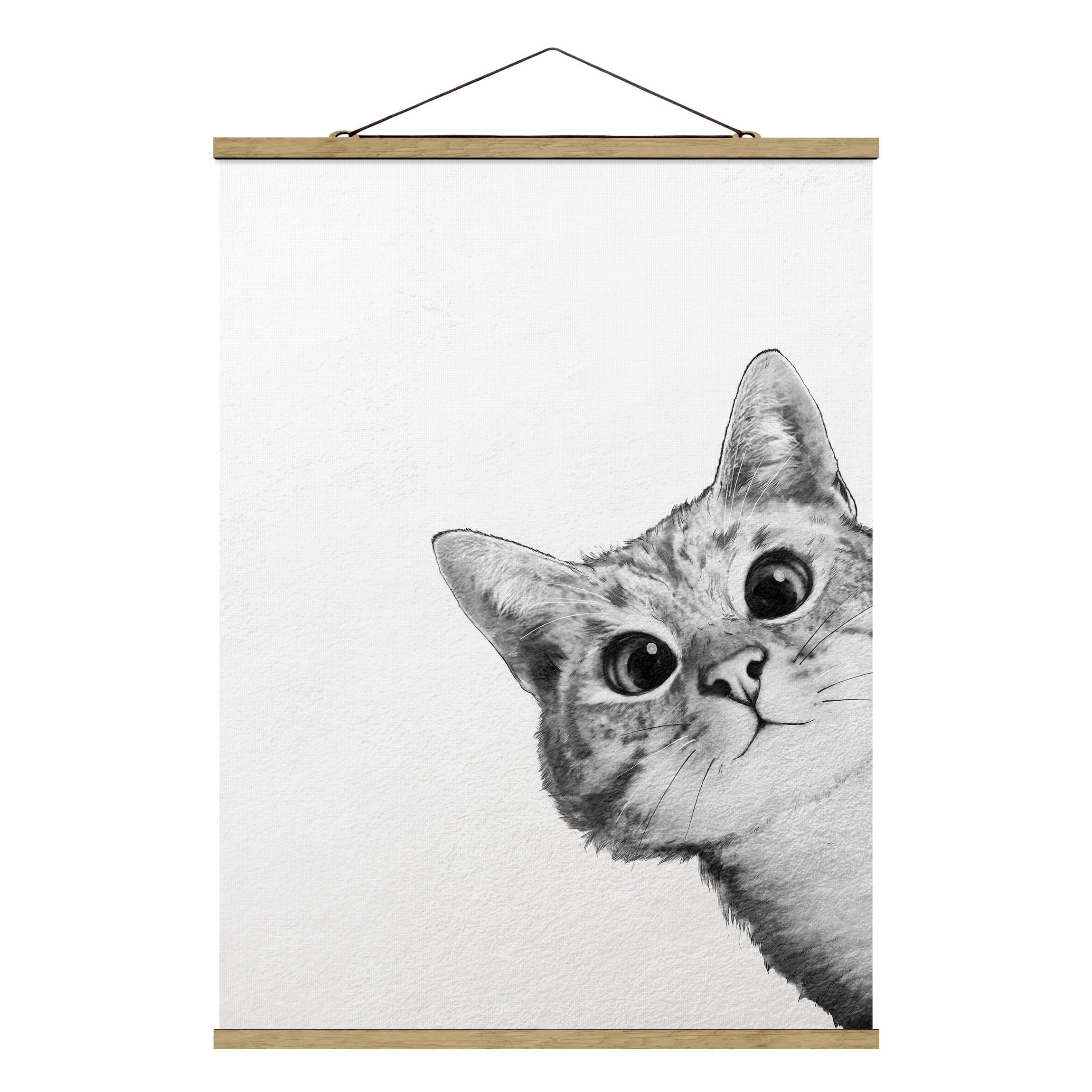 micasia Stoffbild Laura Graves Kinderzimmer Wandbehang inkl. Holzfurnier & Kordel Wanddeko - Made in Germany - Katze Aquarell schwarz weiss Baby Mädchen Junge Bild 4747 (50x66,4cm)