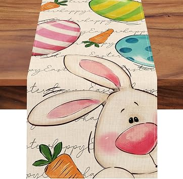 Seliem Happy Easter Bunny Table Runner, Cute Rabbit Eggs Carrot White