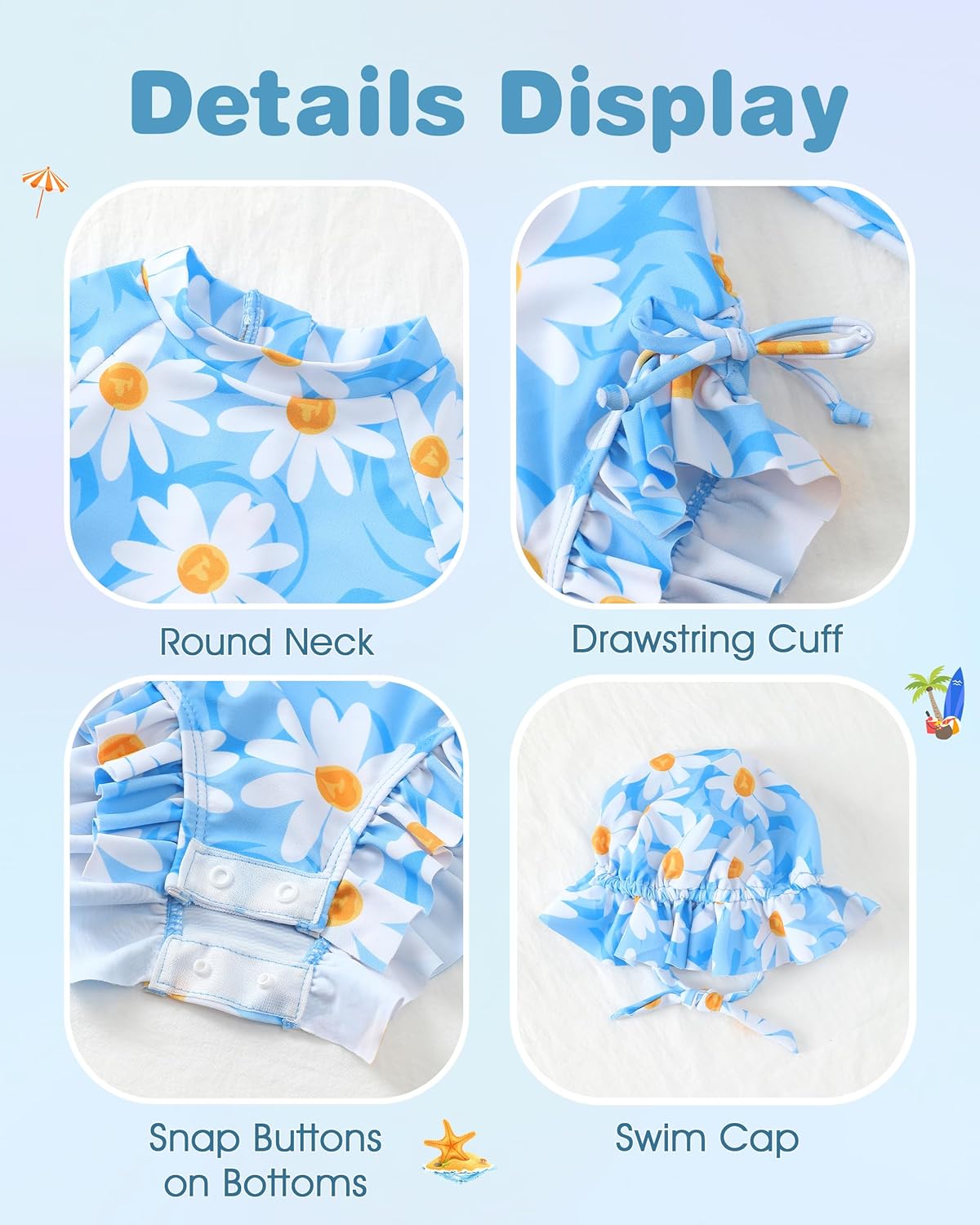 Renotemy Baby Girls Swimsuit Drawstring Zip Bathing Suit Long Sleeve One-Piece Rash Guard Swimwear with Hat for Infant Girl - Image 4