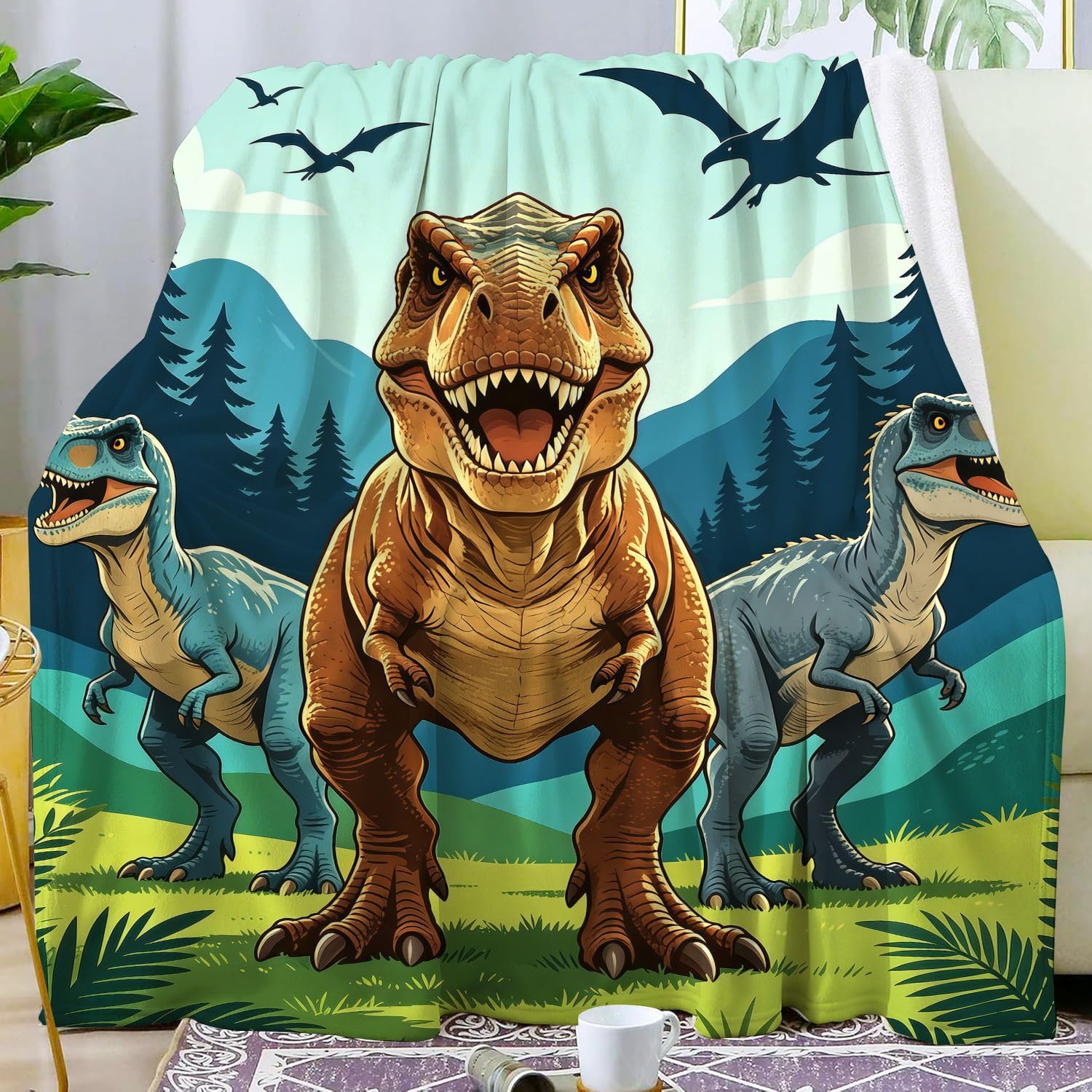 ZABAOBO Cartoon Dinosaur Blanket Gifts for Dinosaur Lovers Women Men Adults Warm Soft Forest Dinosaurs Throw Blankets for Bed Chair Car Sofa Couch Birthday 50"X40"INCH