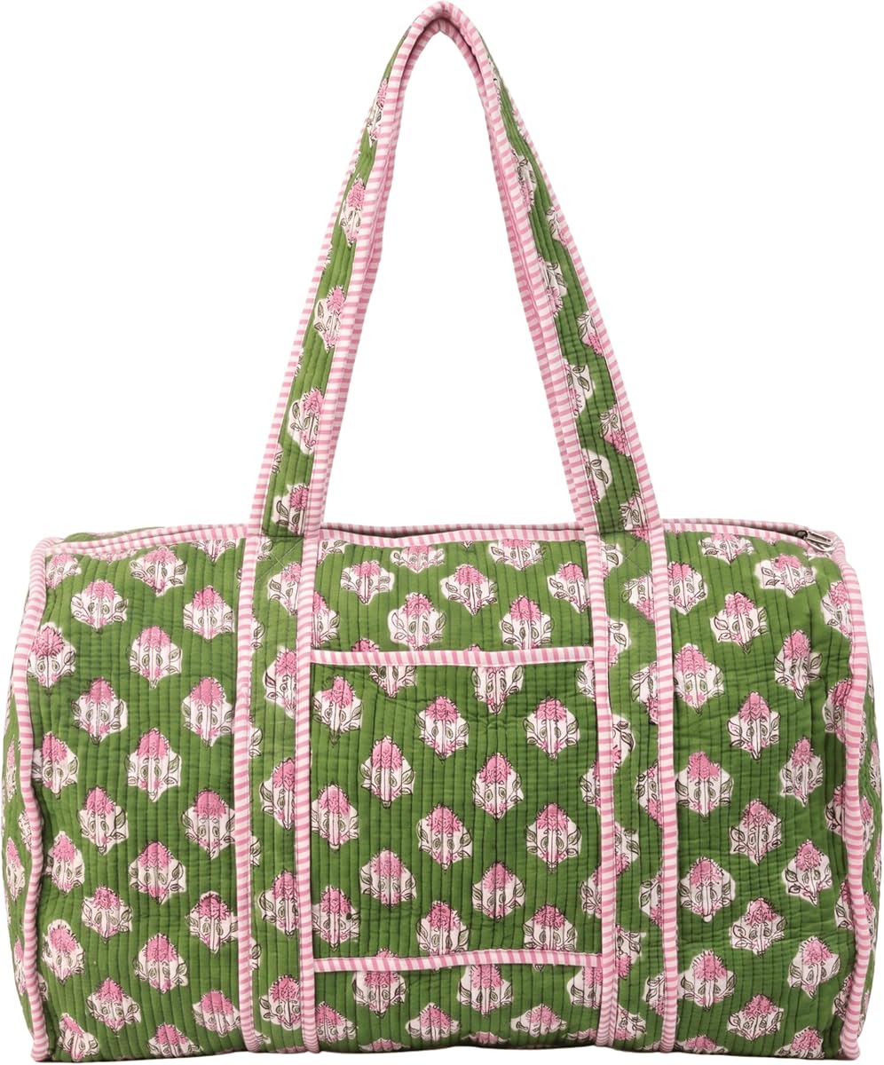 Large Duffle Bag, Handblock Print 100% Quilted Cotton for Overnight Trip, Travel Weekender, Luggage, 2 Pockets with Zipper, 1 Front Pocket, Detachable Long Strap, 20 X 10 X 12 Inches, Moss Pink