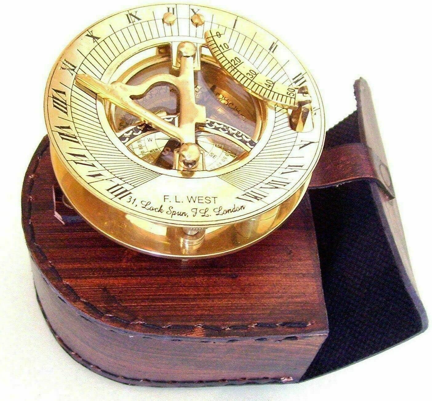 Brass Antique Vintage Handmade Nautical Sundial Compass with Leather Case 2.5 Inch Gift for Homw & Office Decor