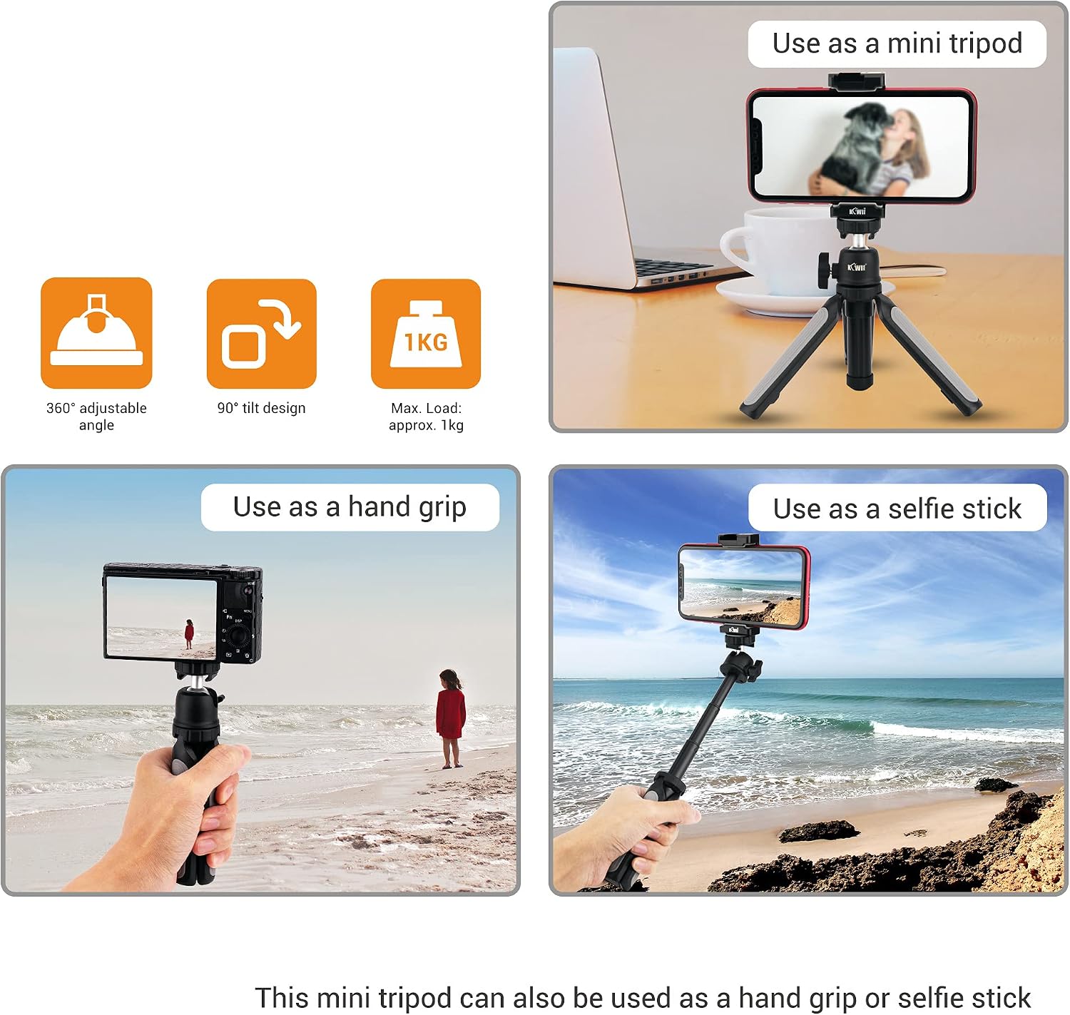 KIWIFOTOS 2IN1 Telescopic Handgrip & Mini Tripod Stand with Smart Phone Clip - Image 4