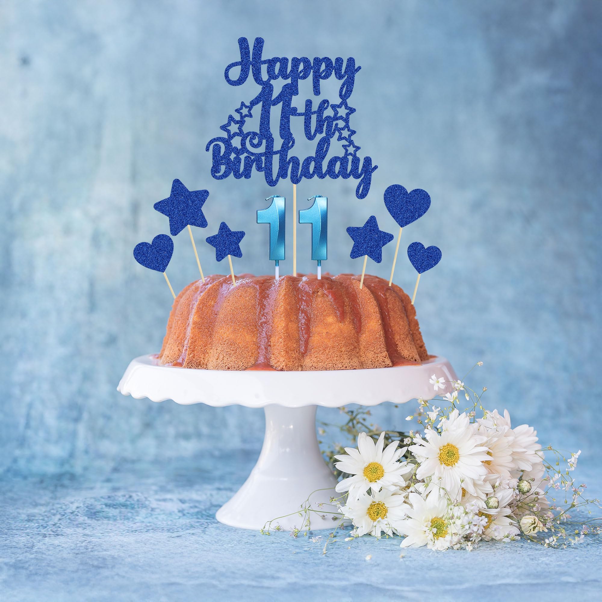 Gyufise 15Pcs Happy 11th Birthday Cake Topper Set Heart Star Glitter Cheers to 11 Years Cake Picks Number 11 Candles Cake Decorations for Happy 11th Birthday Anniversary Party Supplies Blue - Image 4