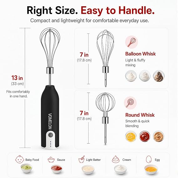 Electric Hand Mixer Whisk | Wireless Rechargeable Handheld Egg Beater with 2 Stainless Steel Mixing Heads | Portable Kitchen Hand Mixer for Egg, Milkshake Cream, Cake, Baking & Cooking-Black