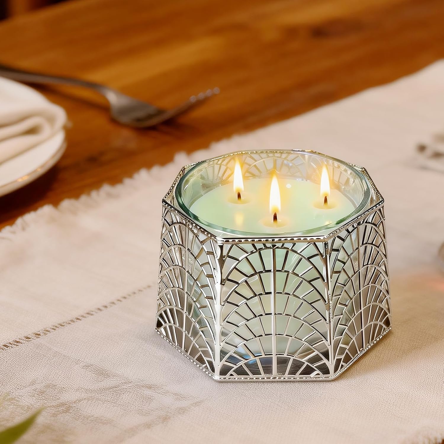 3 Wick Candle Holder, Shell Design Candle Jar Holder for 4-Inch Diameter Jars (5.25" D x 3.5" H), Rose Gold Metal, Coastal Decor image 5