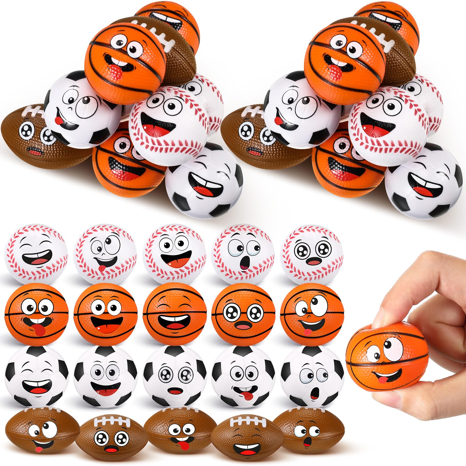 Arrowbash 36 Pcs Mini Face Stress Balls for Boys Girls Mini Basketball, Football, Baseball, Soccer Stress Toys Funny Face Squeeze Balls Anxiety Relief